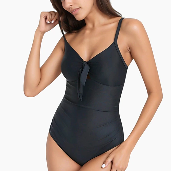 Anna-Kaci Women's V-Neck One-Piece Swimsuit with Front Tie Detail and Subtle Ruching