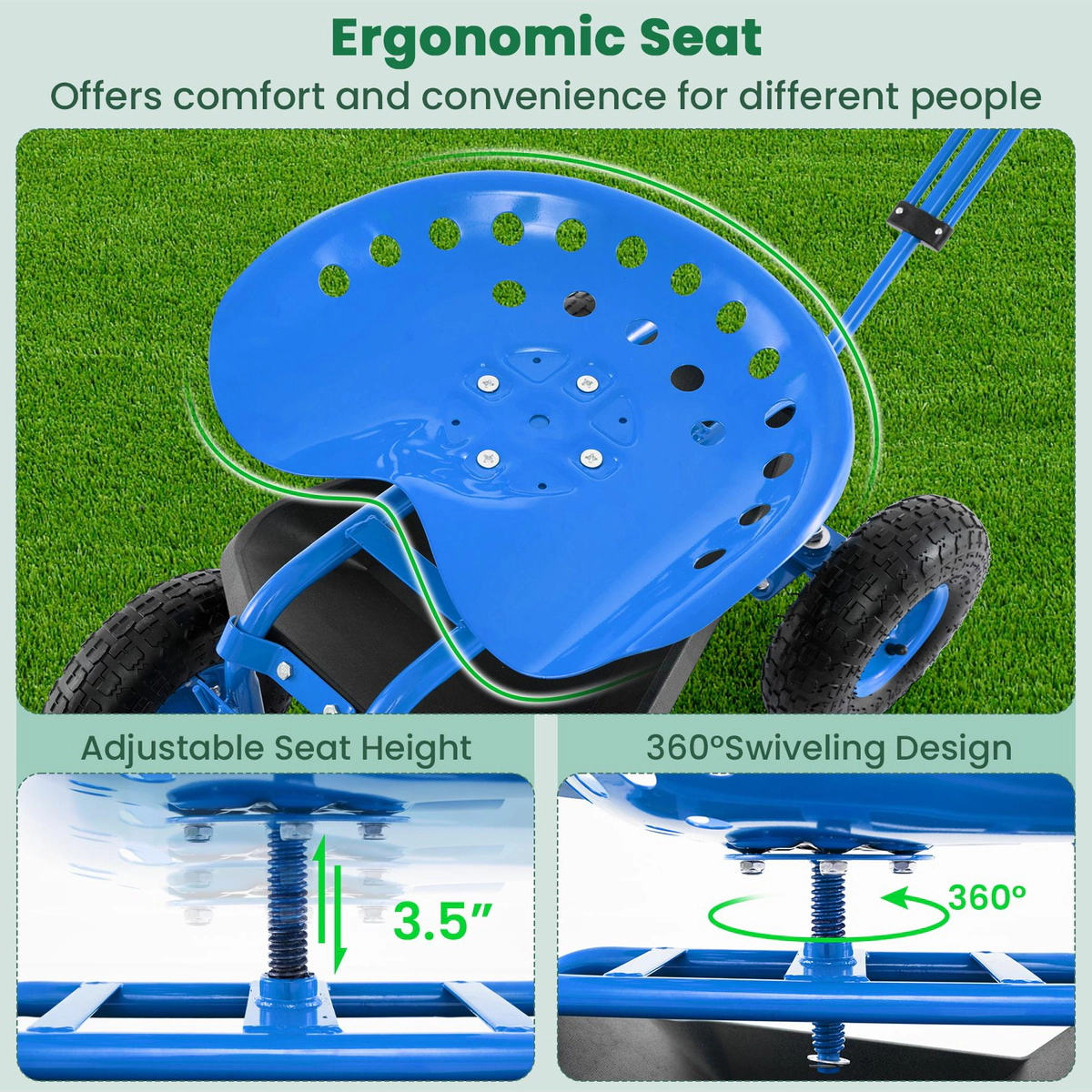 SUGIFT Blue 330-lb Capacity Heavy Duty Rolling Steel Garden Cart Seat with 360 Swivel Stool and Tool Tray