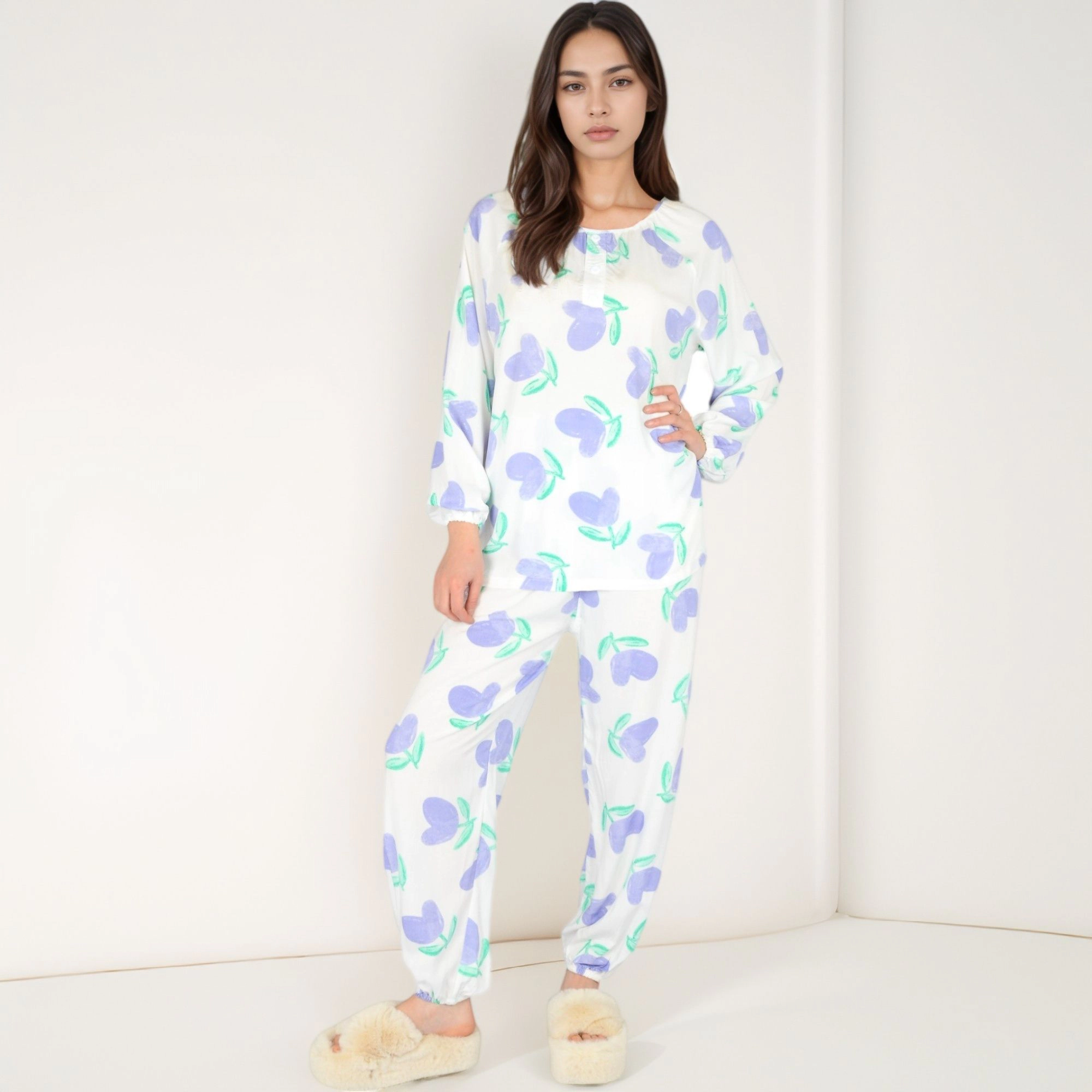 Anna-Kaci Women's Blue Fruit Print Long Sleeve Pajama Set with Elastic Cuffs and Relaxed Fit Pullover Top