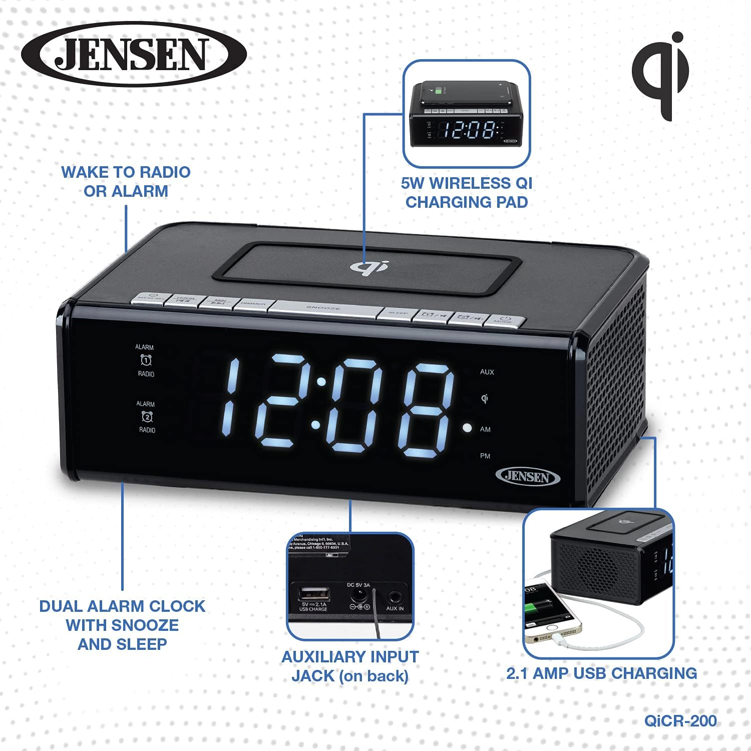 Jensen Dual Alarm Clock Radio with 5W Qi Wireless Charging QiCR-200
