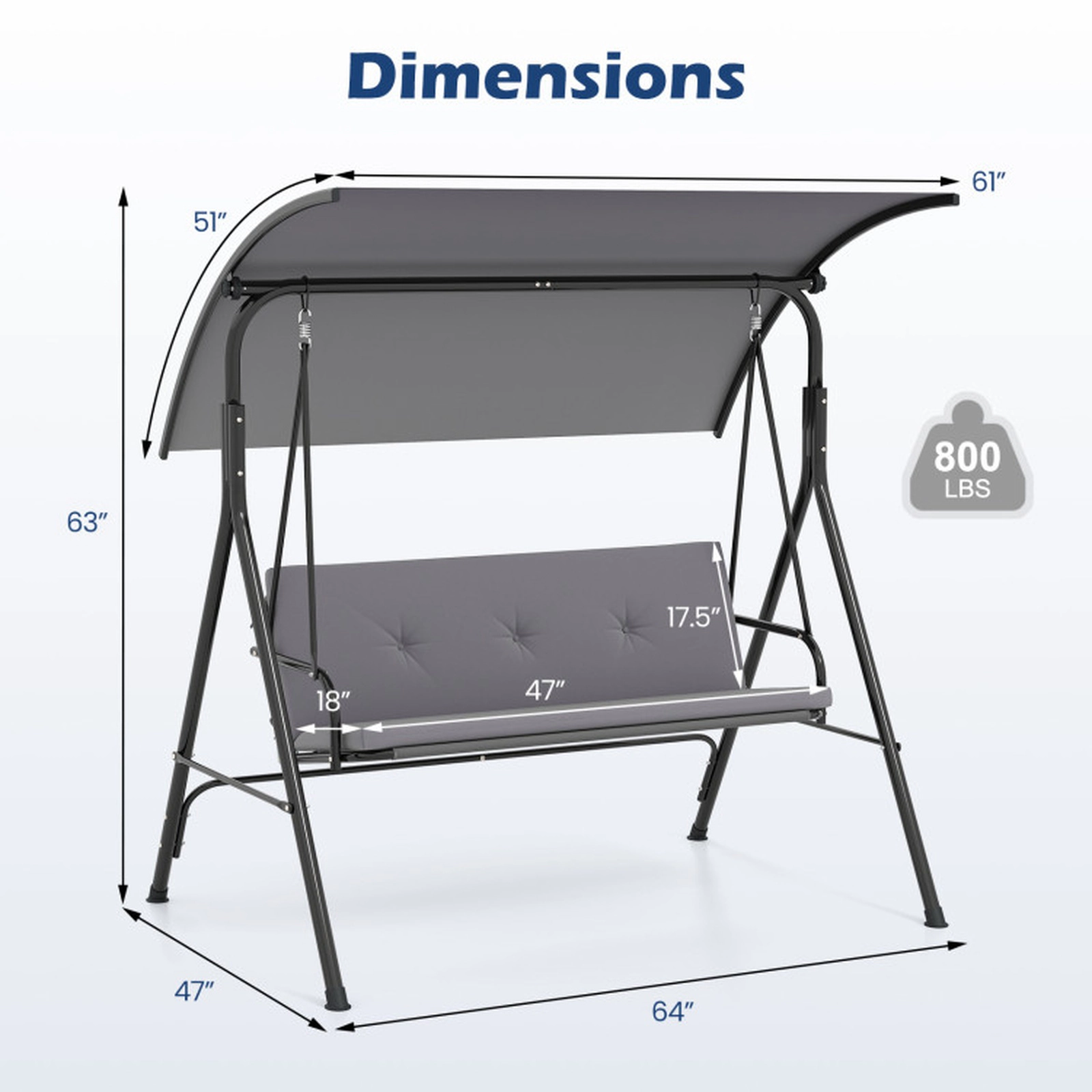 SUGIFT Gray Adjustable Canopy Removable Cushion and Metal Stand Patio Swing Chair