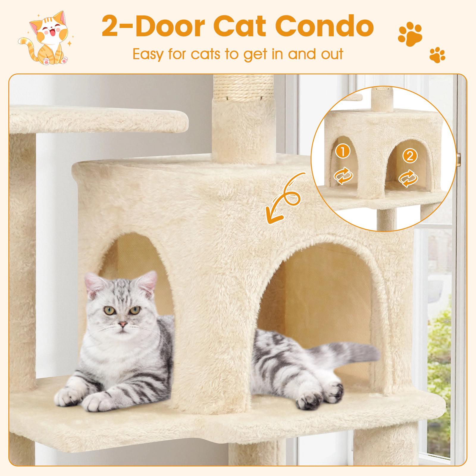 SUGIFT 44-in Beige Narrow Cat Tree Tower with 2-Door Condo Plush Hammock and Padded Top Perch for Small Spaces