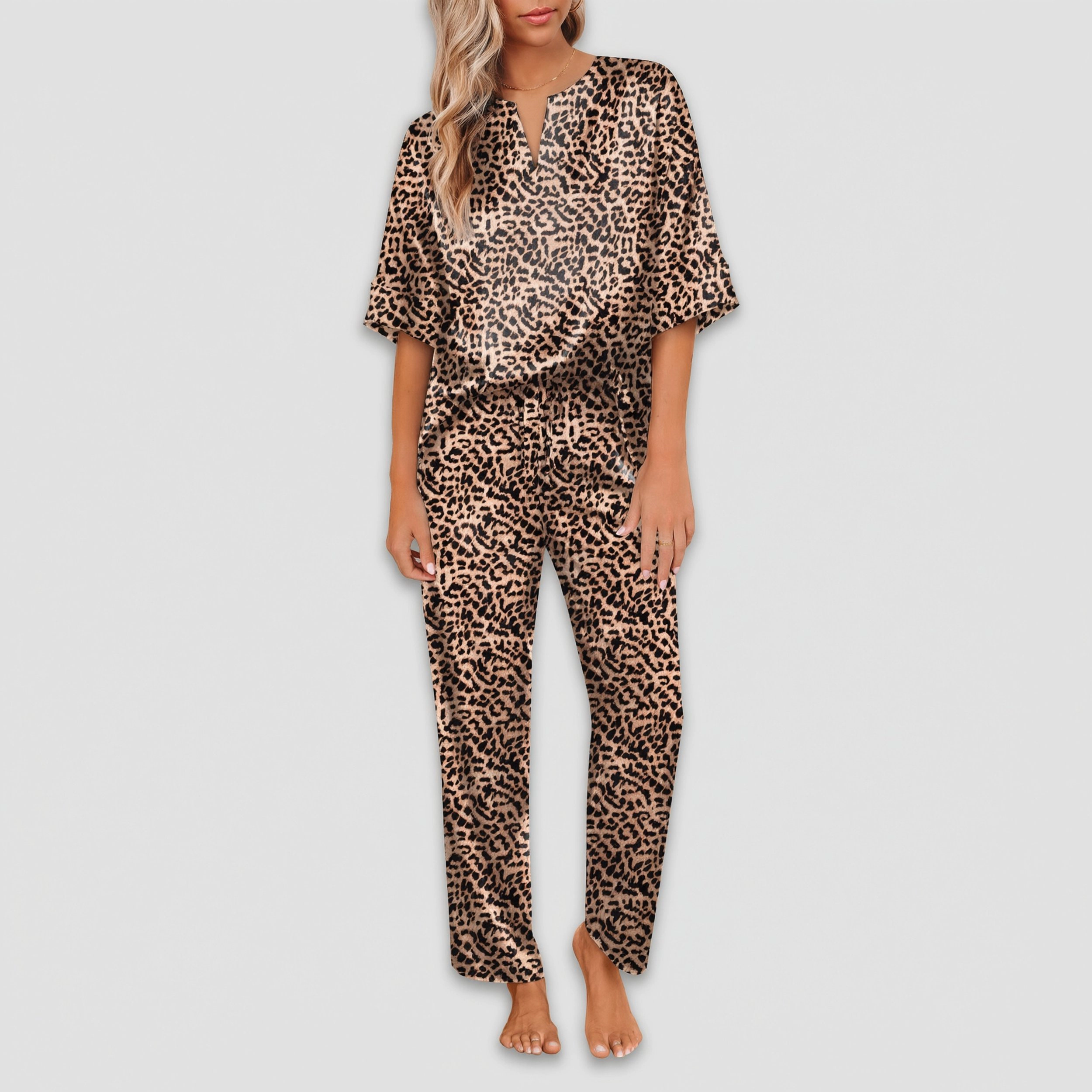 Ekouaer Satin Pajama Set Womens Silk Short Sleeve V Neck Shirt with Long Pant Soft Loungewear