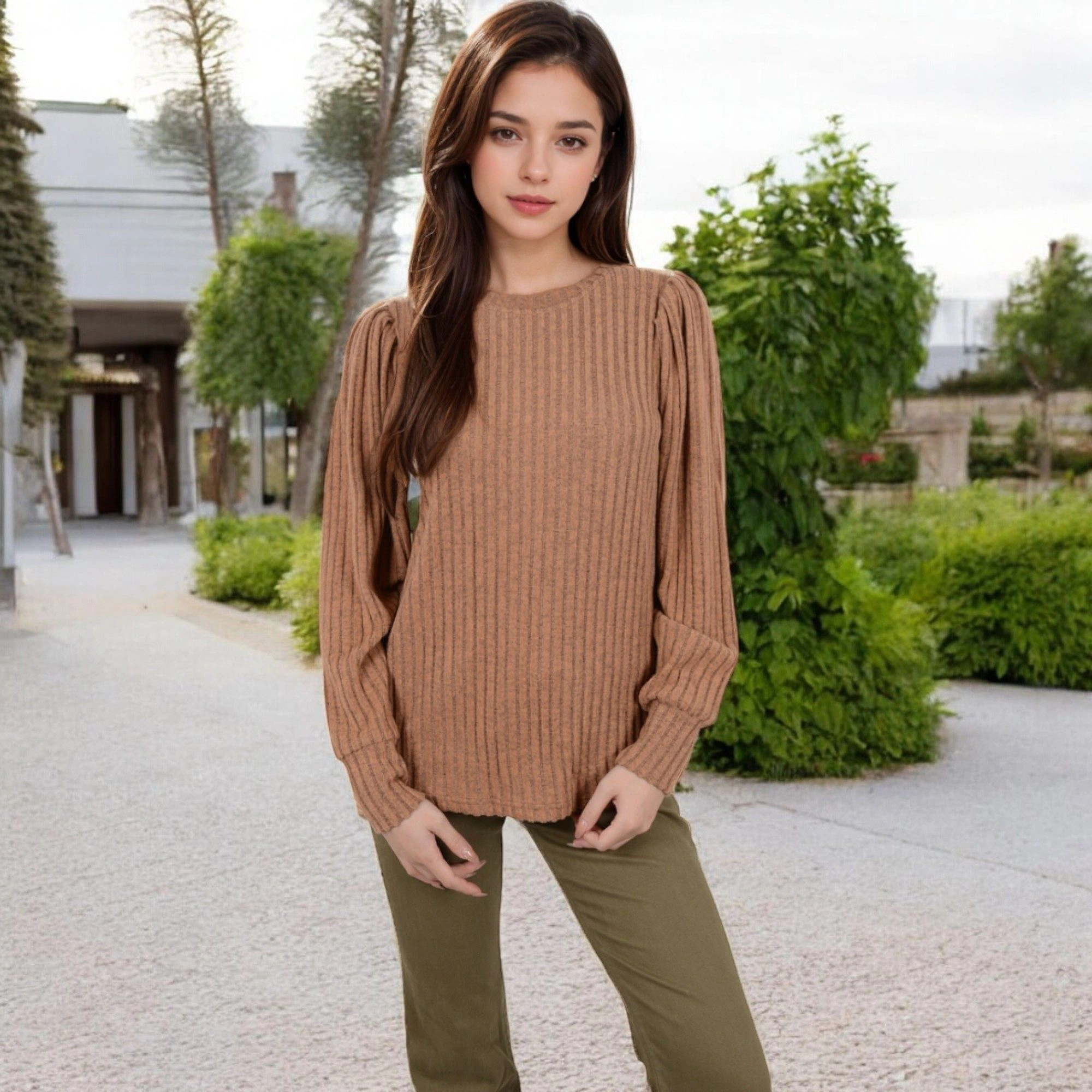 Anna-Kaci Women's Gathered Shoulder Crew Neck Long Sleeve Ribbed Knit Sweater