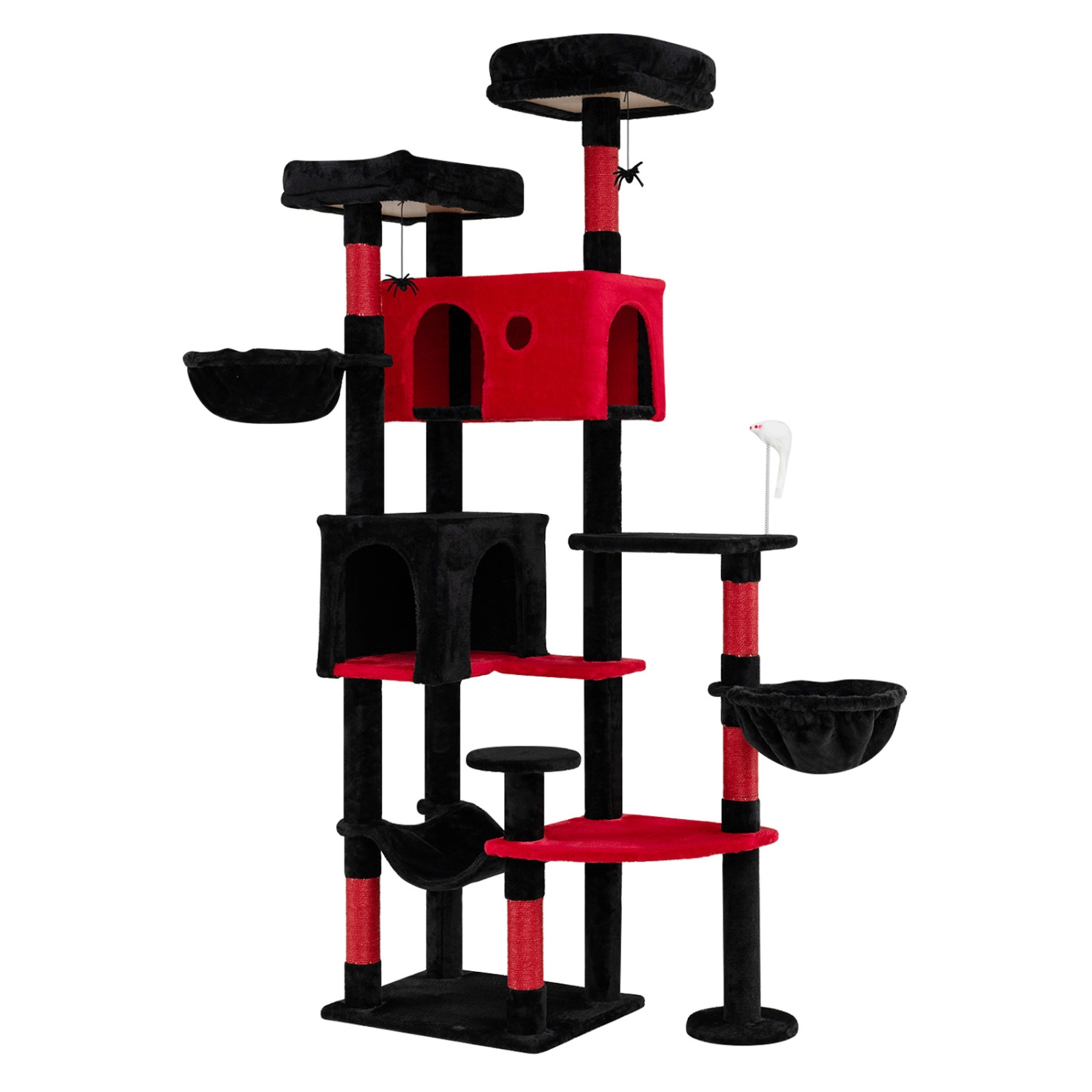SUGIFT 75-in Gothic Cat Tree with 2 Plush Perches, 2 Condos, Hammock and Basket Beds 22-lb Tier Capacity Black & Red