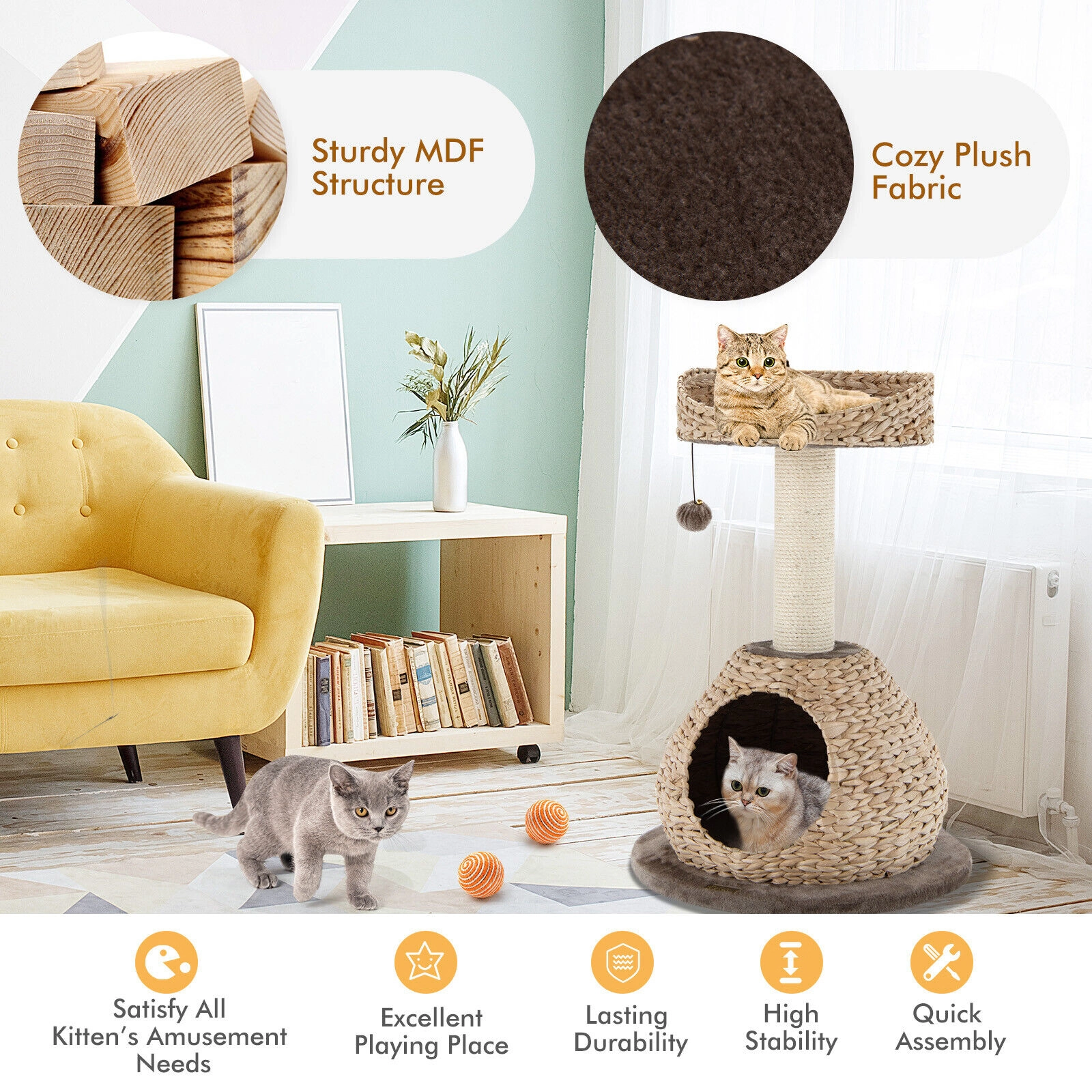 SUGIFT Coffee 28 in Hand-Made Cat Tree with Water Hyacinth Weave and Jump Platform
