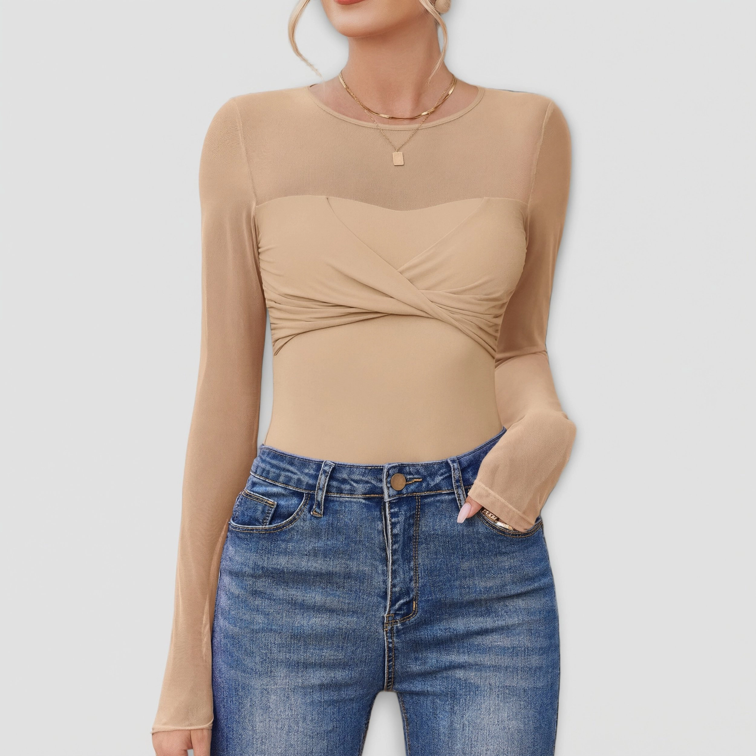 Avidlove Women's Sheer Long Sleeve Crew Neck Ruched Bodysuit