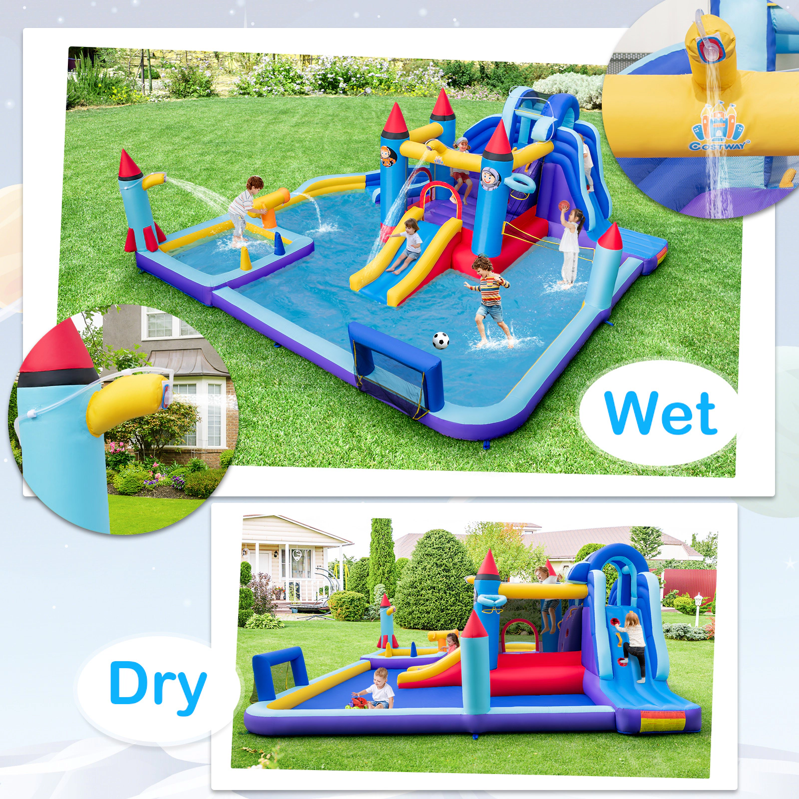 LJG Kids Rocket Theme Inflatable Water Slide Park with 950W Blower