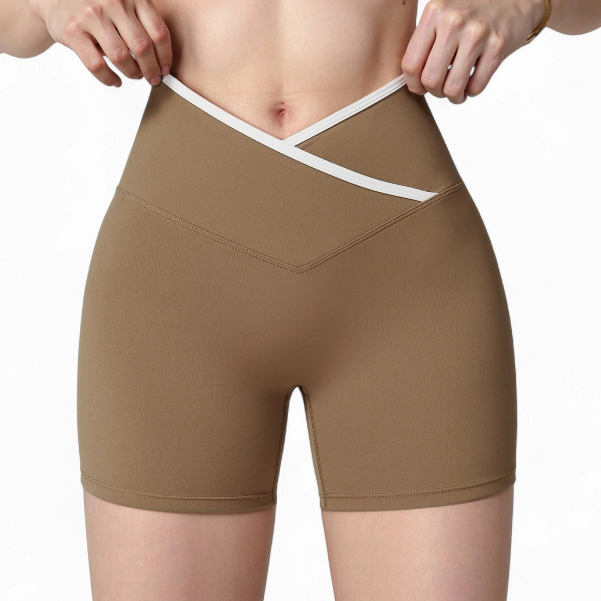 Anna-Kaci Women's High Waist Crossover Athletic Shorts with Stretch Fabric and Flattering V Front Waistband
