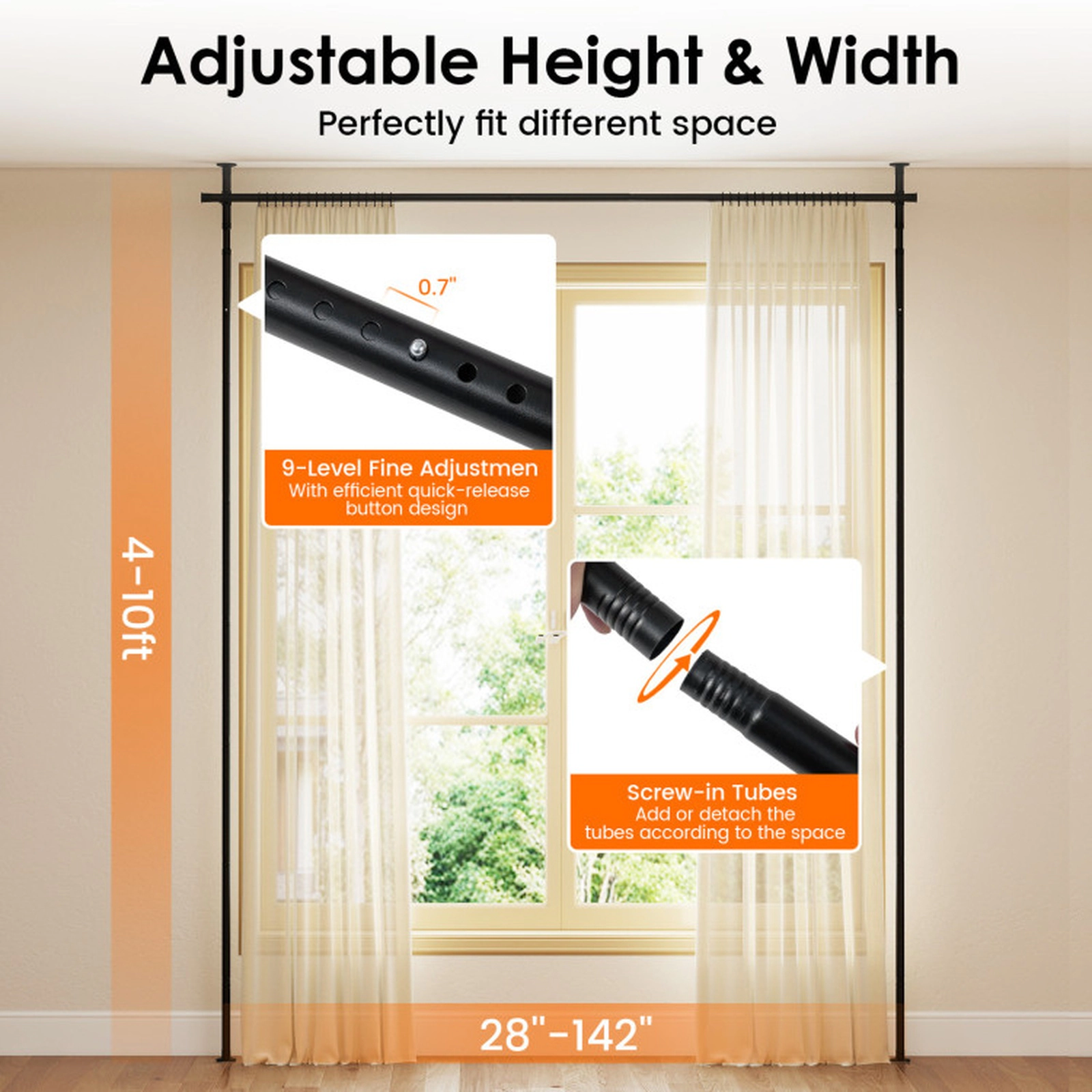 SUGIFT Adjustable Floor to Ceiling Tension Room Divider Curtain Rod 28-in to 142-in Wide 4-ft to 10-ft 45-lb Black