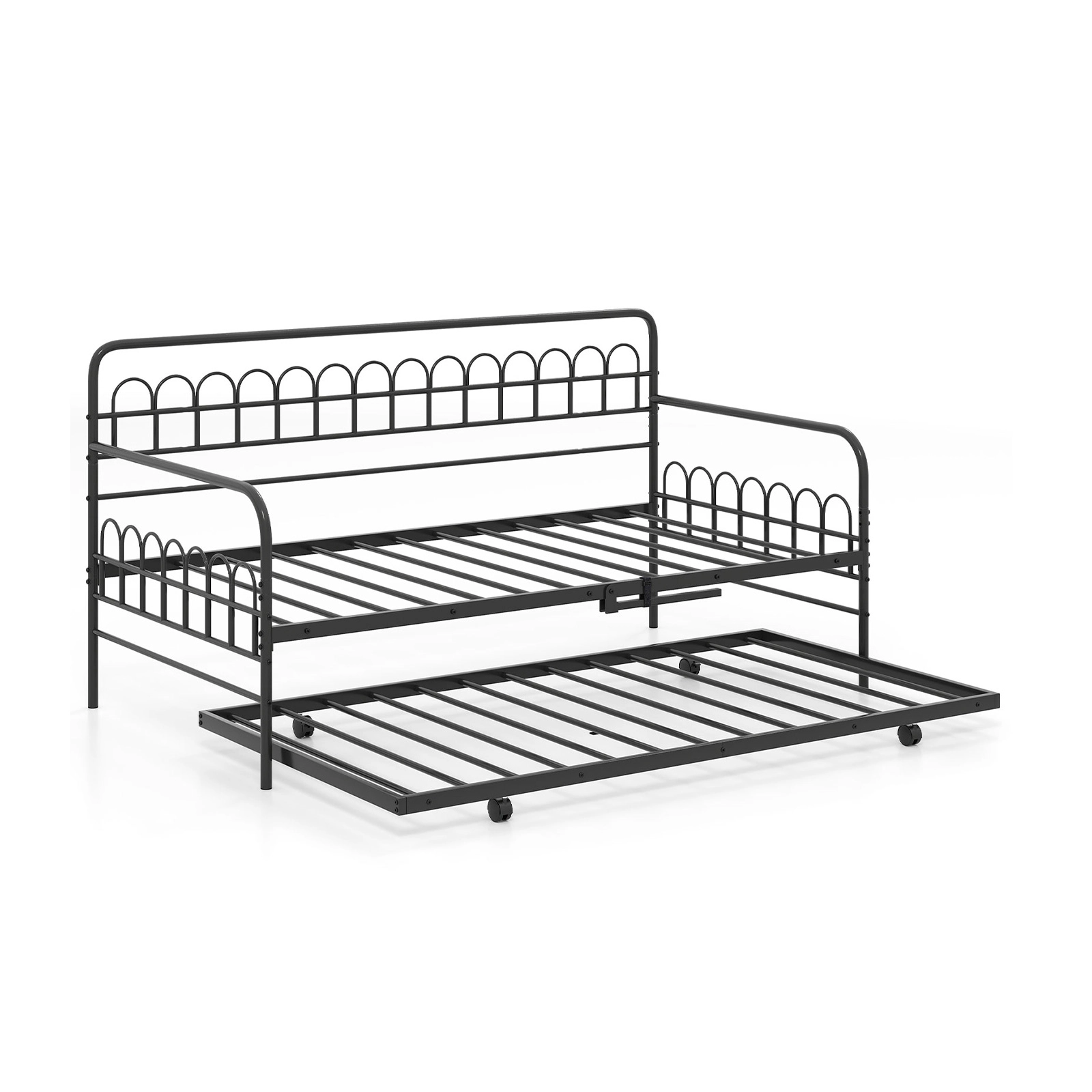 SUGIFT Black Curved Backrest Armrests and Roll-Out Trundle Twin Metal Daybed