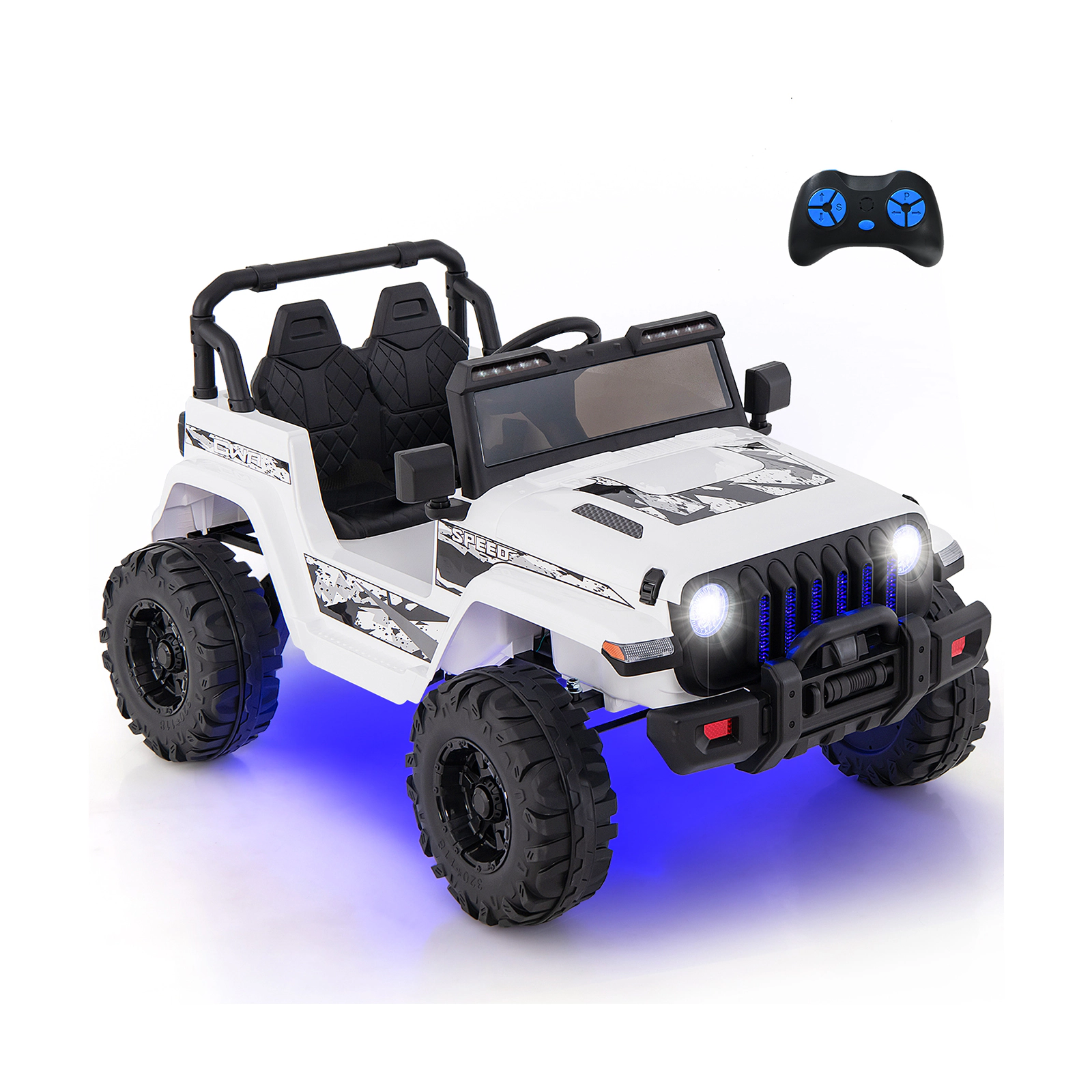 SUGIFT 12V 77-lb Capacity White Off-Road Kids Ride On Car with 2.4G Remote Control Spring Suspension and 3 Speeds