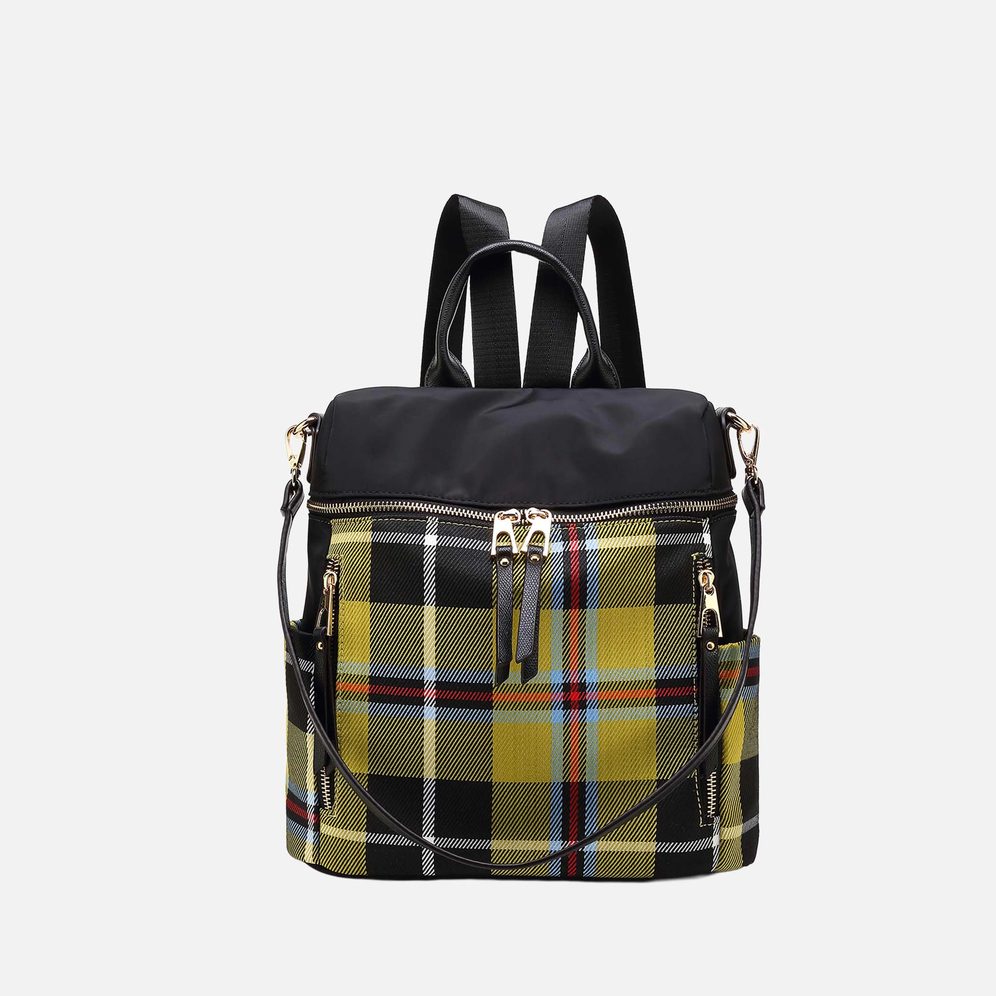 Mia K Collection Nishi Plaid Nylon Backpack with Removable Shoulder Strap - Mustard