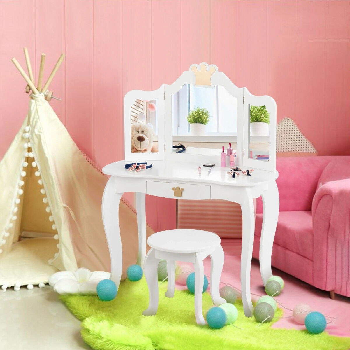 SUGIFT Kids Makeup Dressing Table Vanity with Tri-folding Mirror & Stool 33-lb Table Capacity 66-lb Stool Capacity White