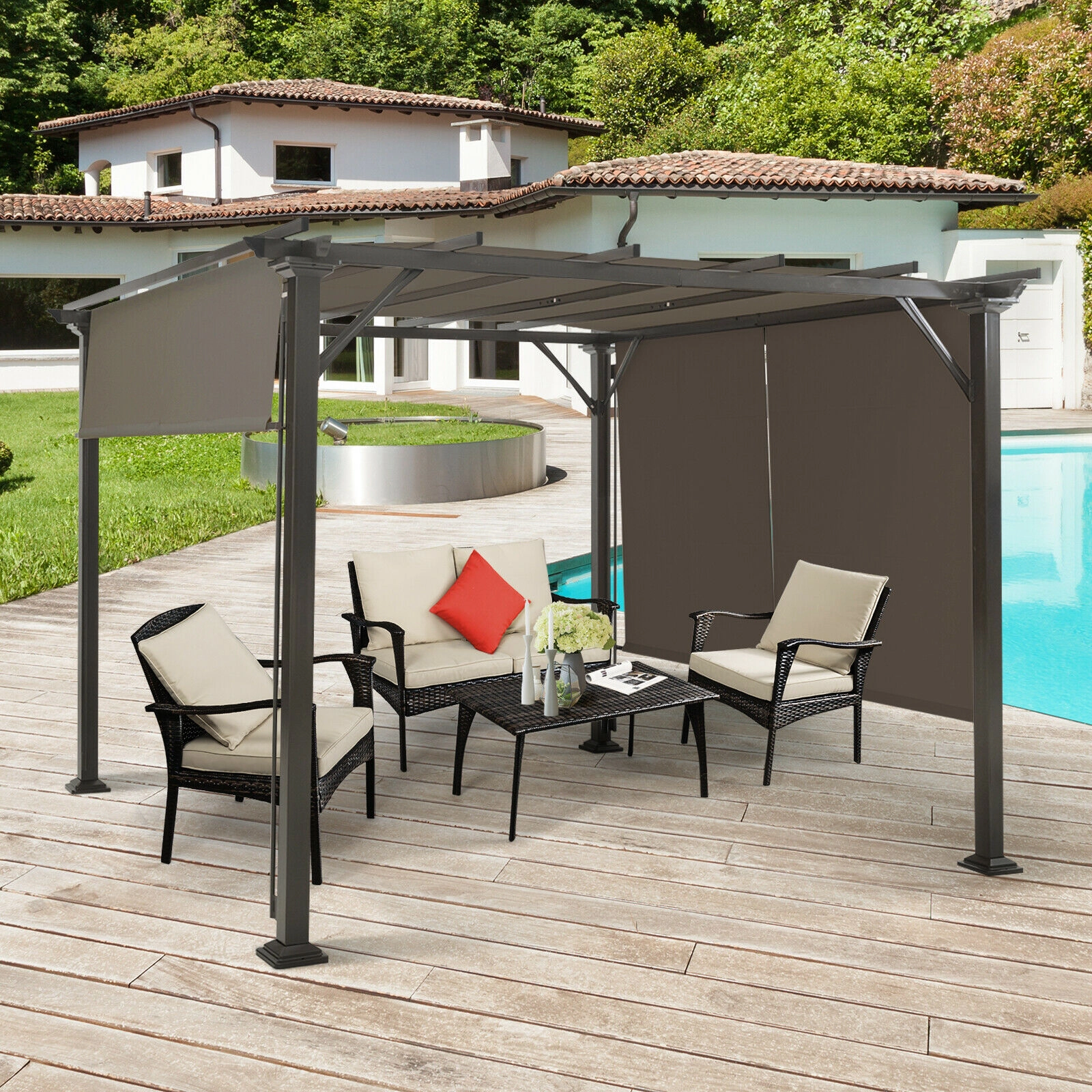 SUGIFT 16-ft Adjustable 2-Piece Universal Replacement Canopy for Pergola Gazebo Sun Awning 5-lb Polyester Fabric Brown
