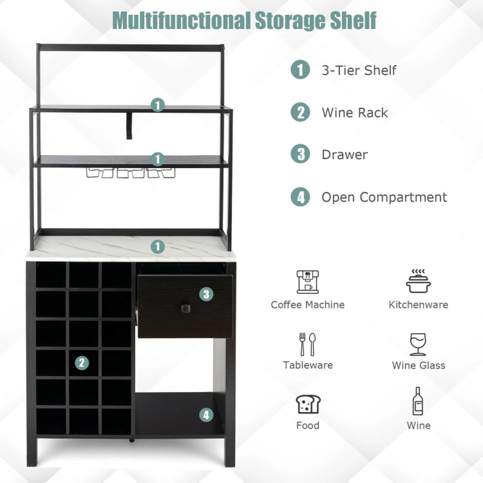 SUGIFT 64-in 3-Tier 66-lb Shelf Black Bakers Rack with 18-Bottle Wine Rack Glass Holder and Drawer