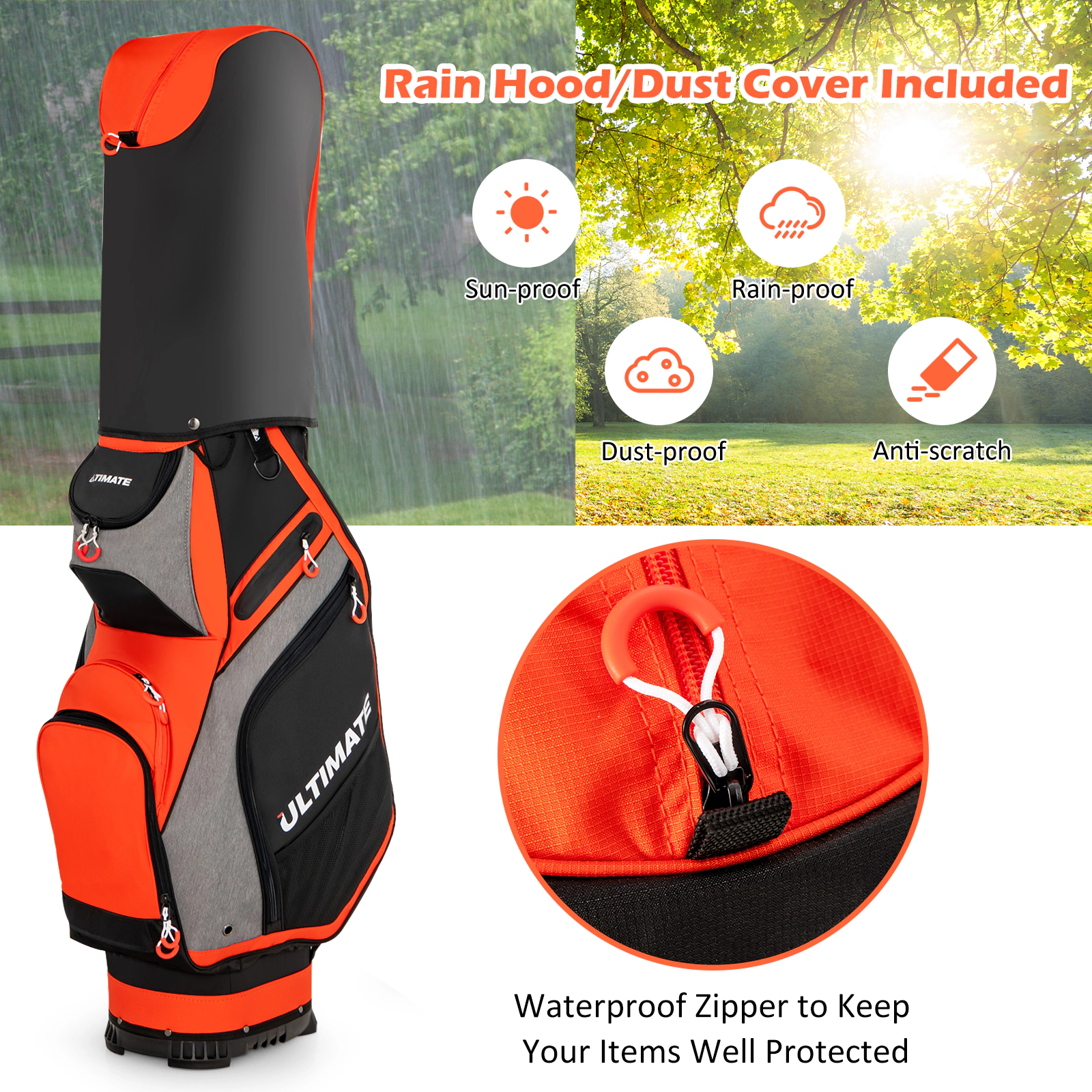 SUGIFT 10.5-in Top Golf Stand Bag with 14-Way Dividers 7 Zippered Pockets 5.5-lb Net Weight Orange/Navy