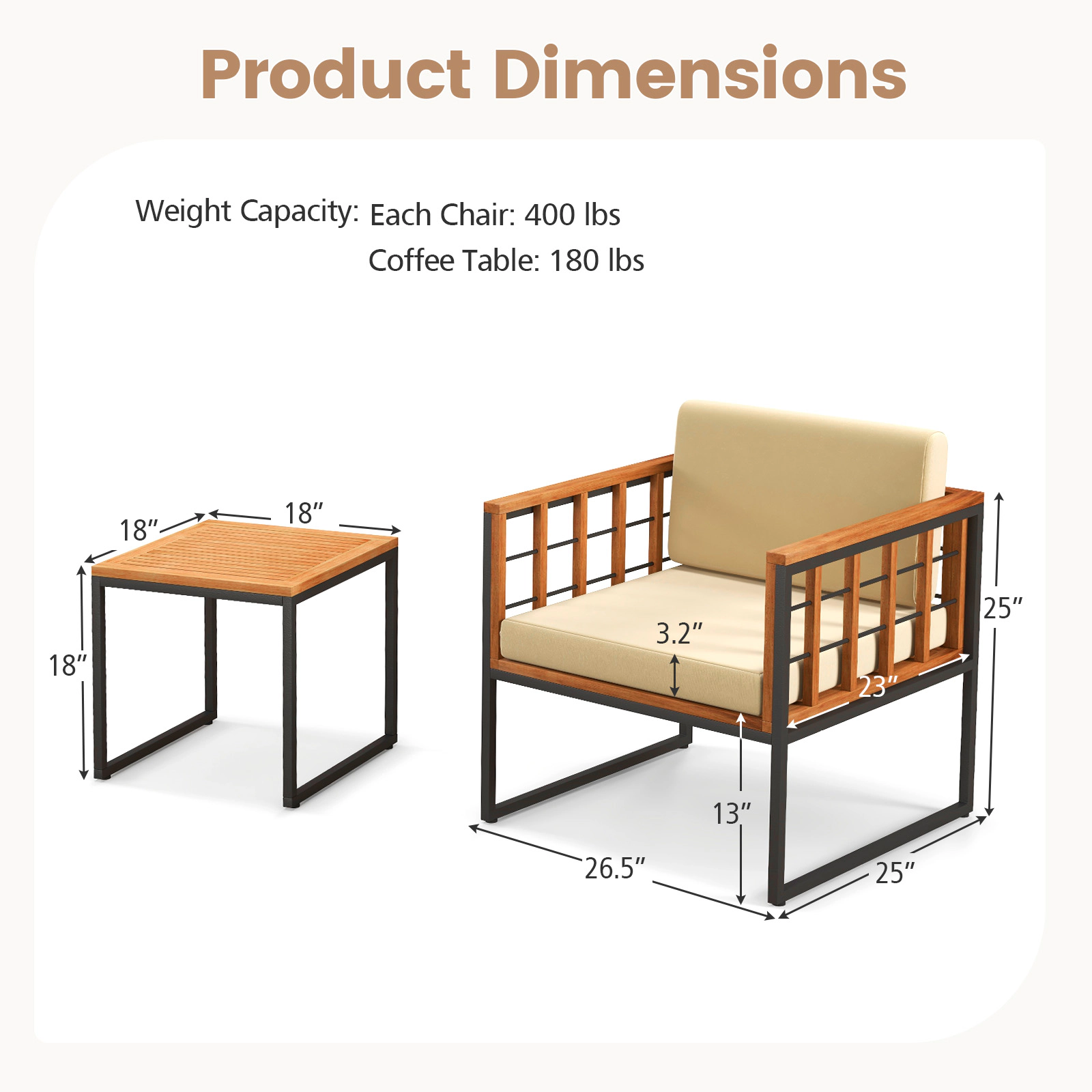 SUGIFT Beige Metal Frame and Soft Cushions 3-Piece Acacia Wood Patio Chair Set