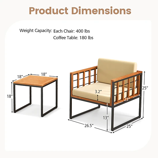 SUGIFT 3-Piece Beige Patio Furniture Set with Acacia Wood Chairs and Coffee Table 400-lb Per Chair Capacity