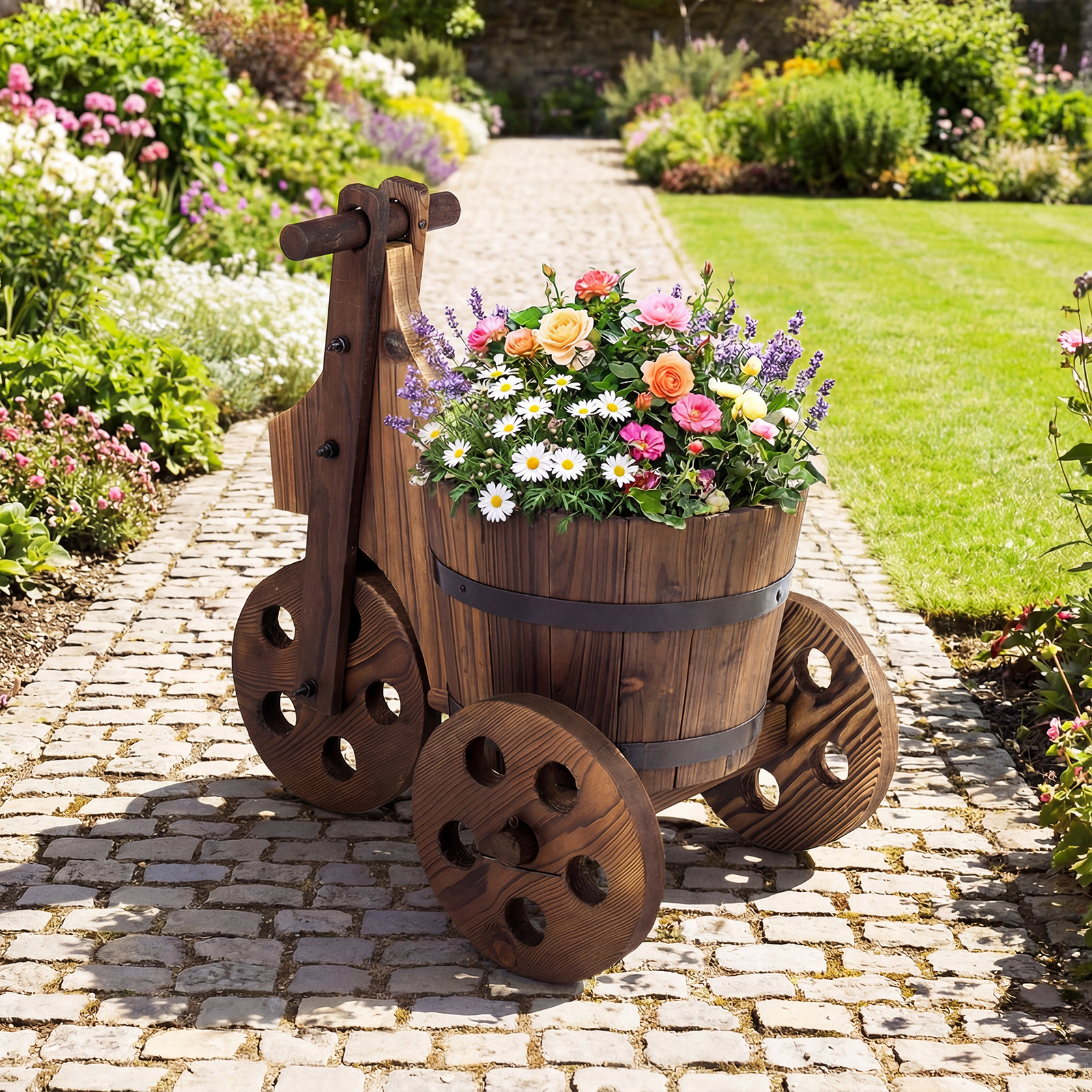 LJG Rustic Wood Tricycle Planter Barrel Flower Pot Cart with Drainage Hole