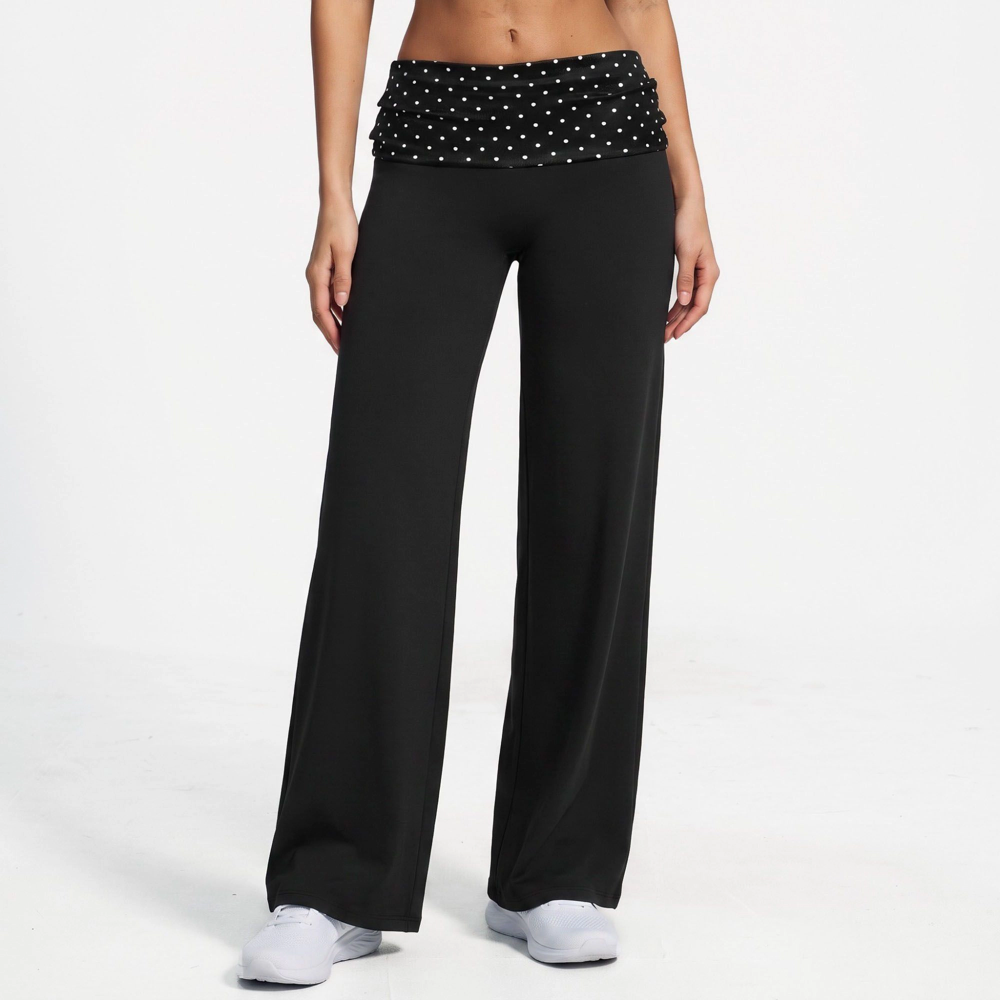 Anna-Kaci Women's Polka Dot Foldover Waist Wide-Leg Yoga Pants Full-Length Flowy Workout Trousers