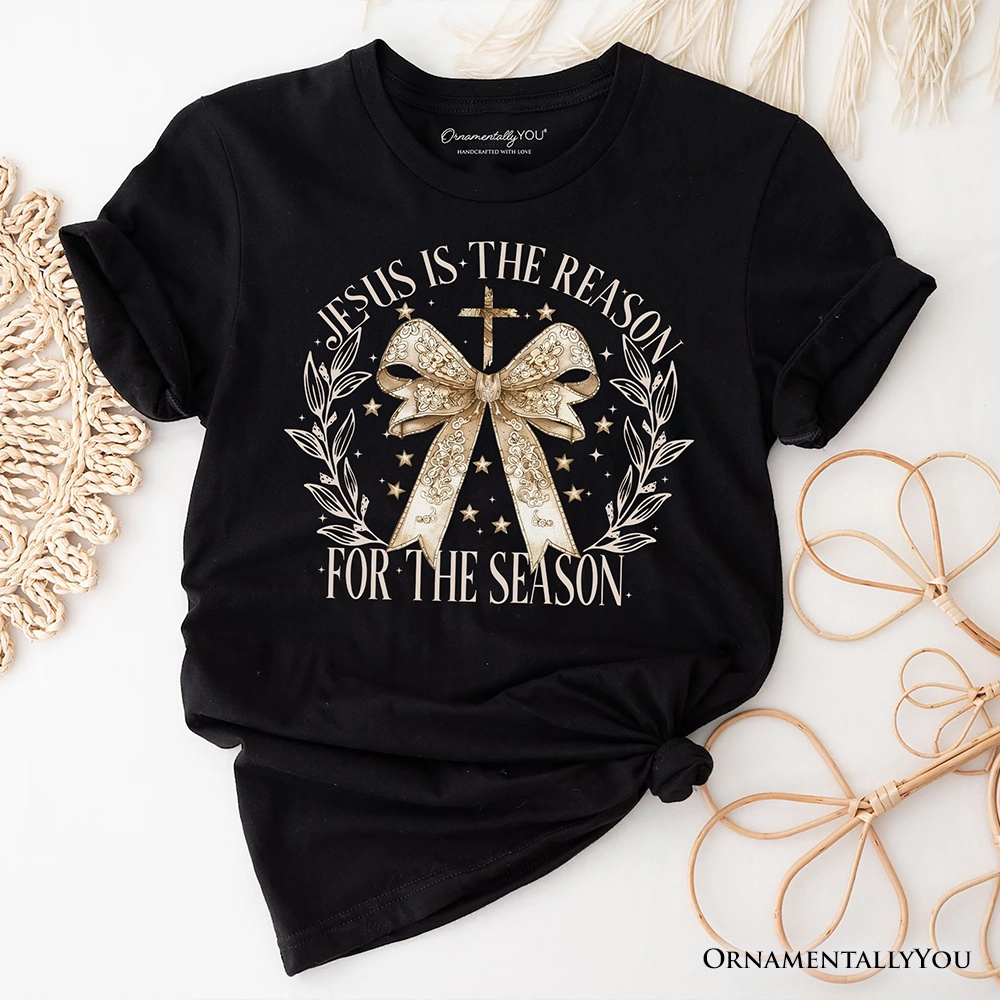 OrnamentallyYou Womens Jesus Is The Reason Christmas Gold Bow Cross T-Shirt