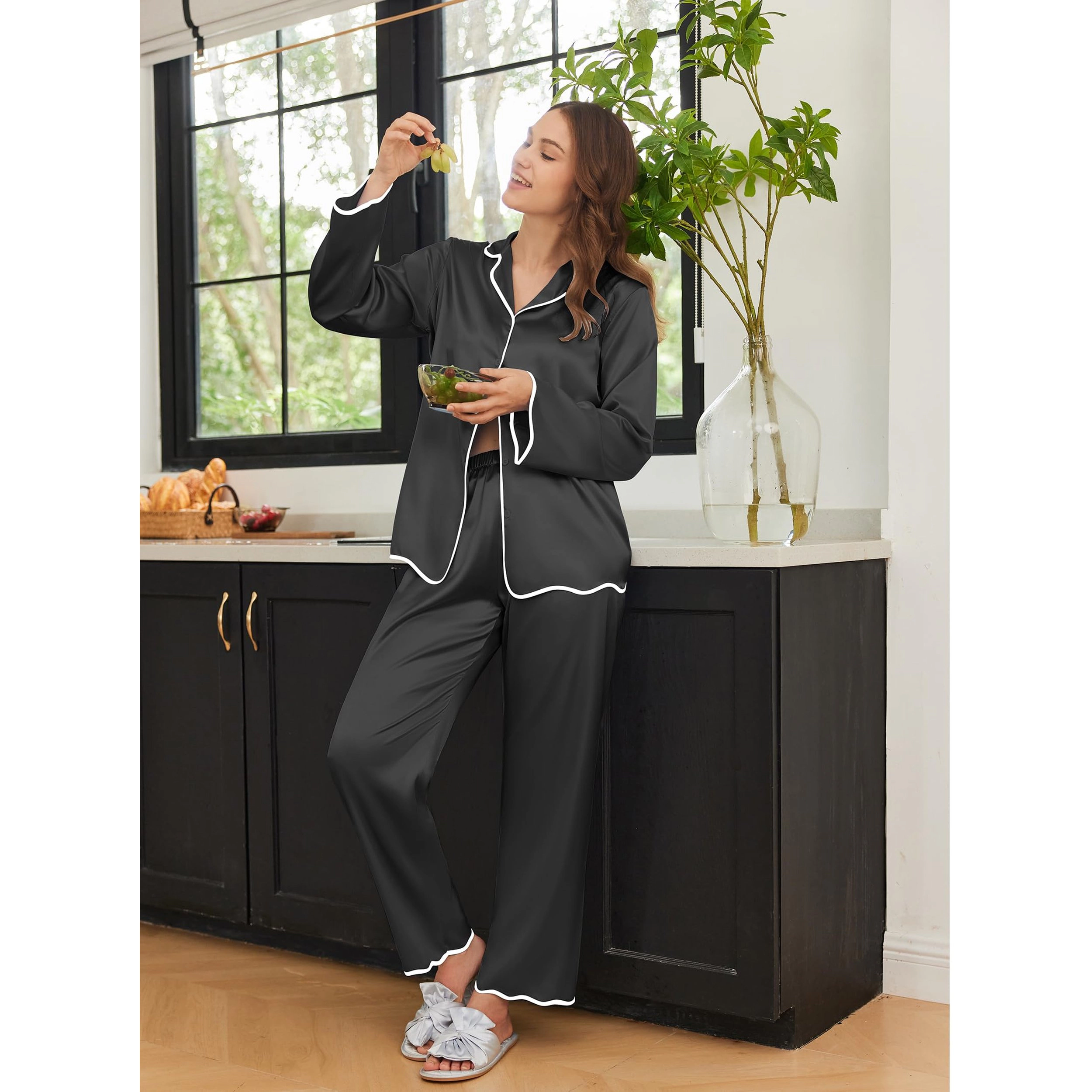 Ekouaer Womens Silk Pajama Set Satin Button Up Top and Pants Silky Ladies Valentines