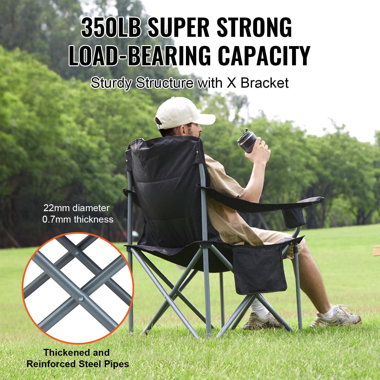 HONGGE Camping Folding for Portable Heavy Duty Outdoor Padded Chairs with Cup Bag for Fishing Black
