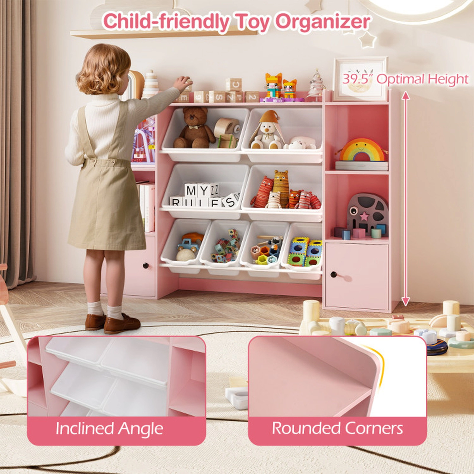 SUGIFT Kids Toy Storage Cabinet and Bookshelf Toy Organizer 385-lb Capacity Ages 3+ with Boxes and Open Shelves Pink