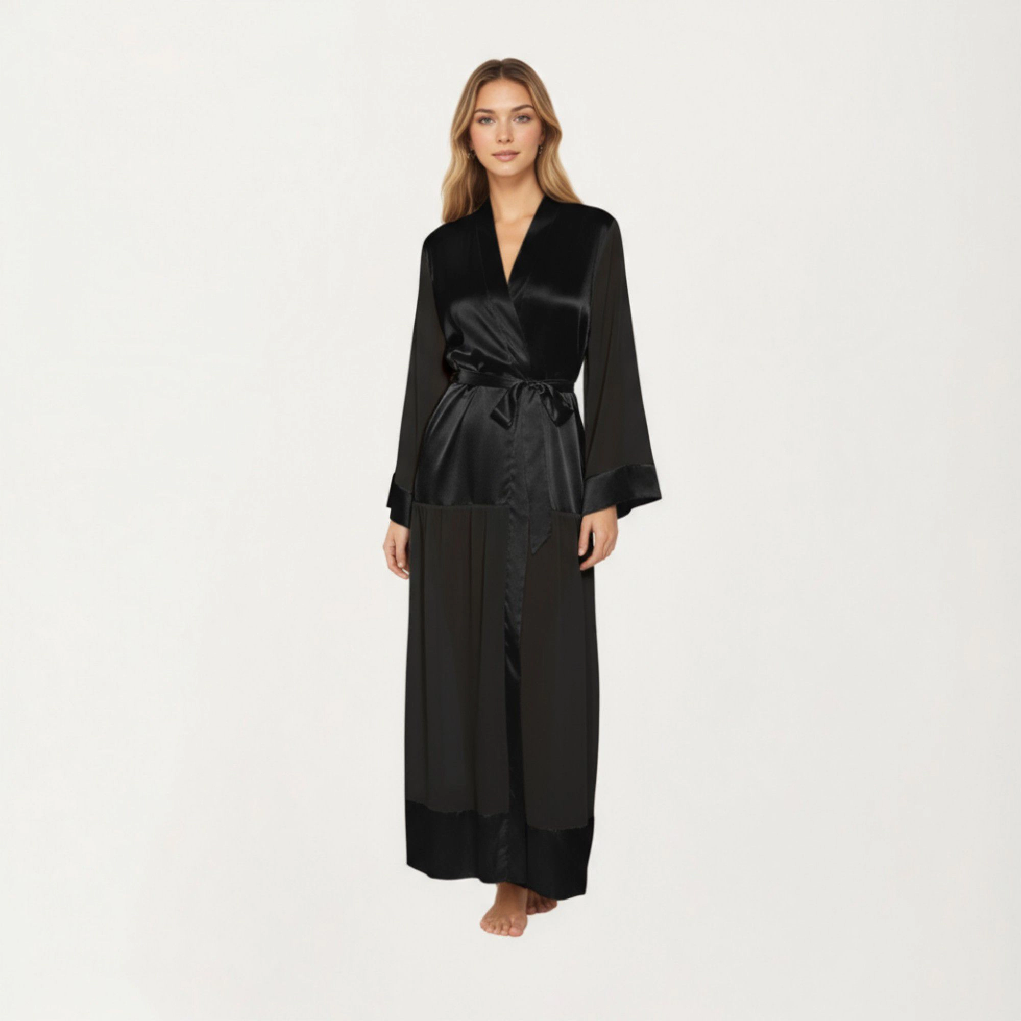 Anna-Kaci Women's Long Satin Robe with Belted Waist and Wide Sleeves