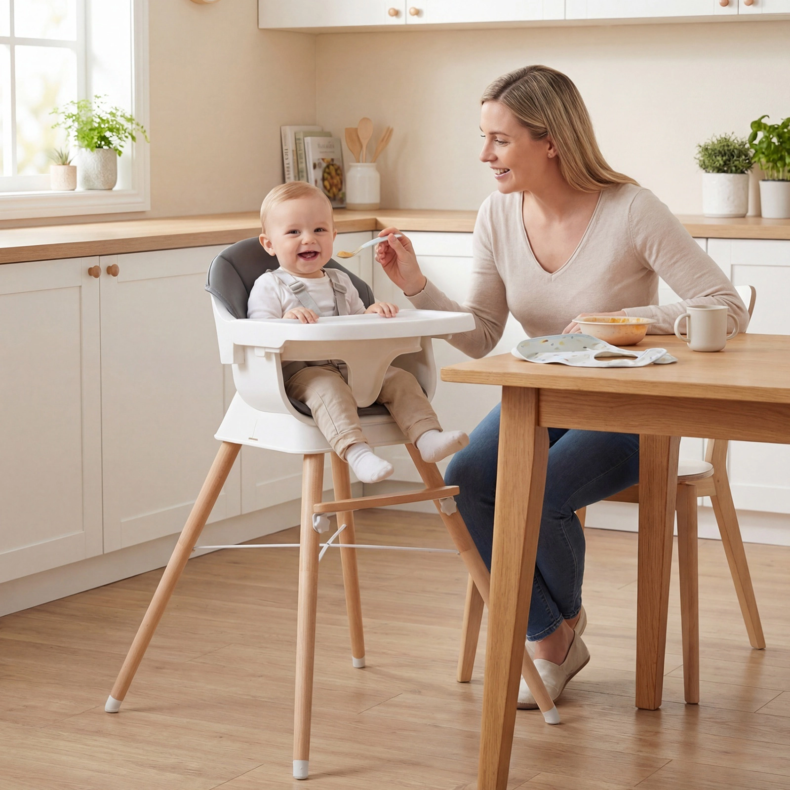 Solid Beech Wood Convertible High Chair for Babies and Toddlers 3-Position Tray Wide Footrest X-Brace Gray