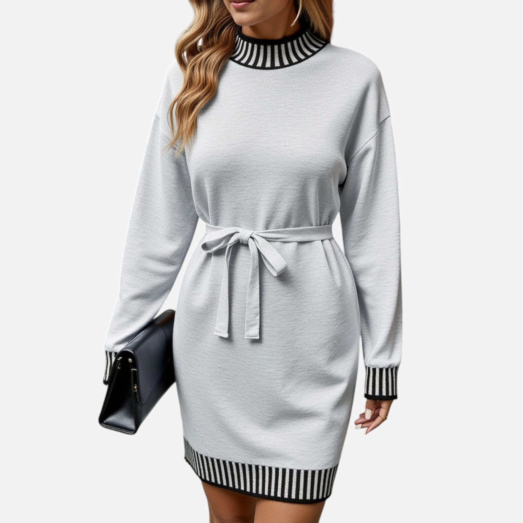 Anna-Kaci Women's Long Sleeve Striped Trim Waist Tie Sweater Dress
