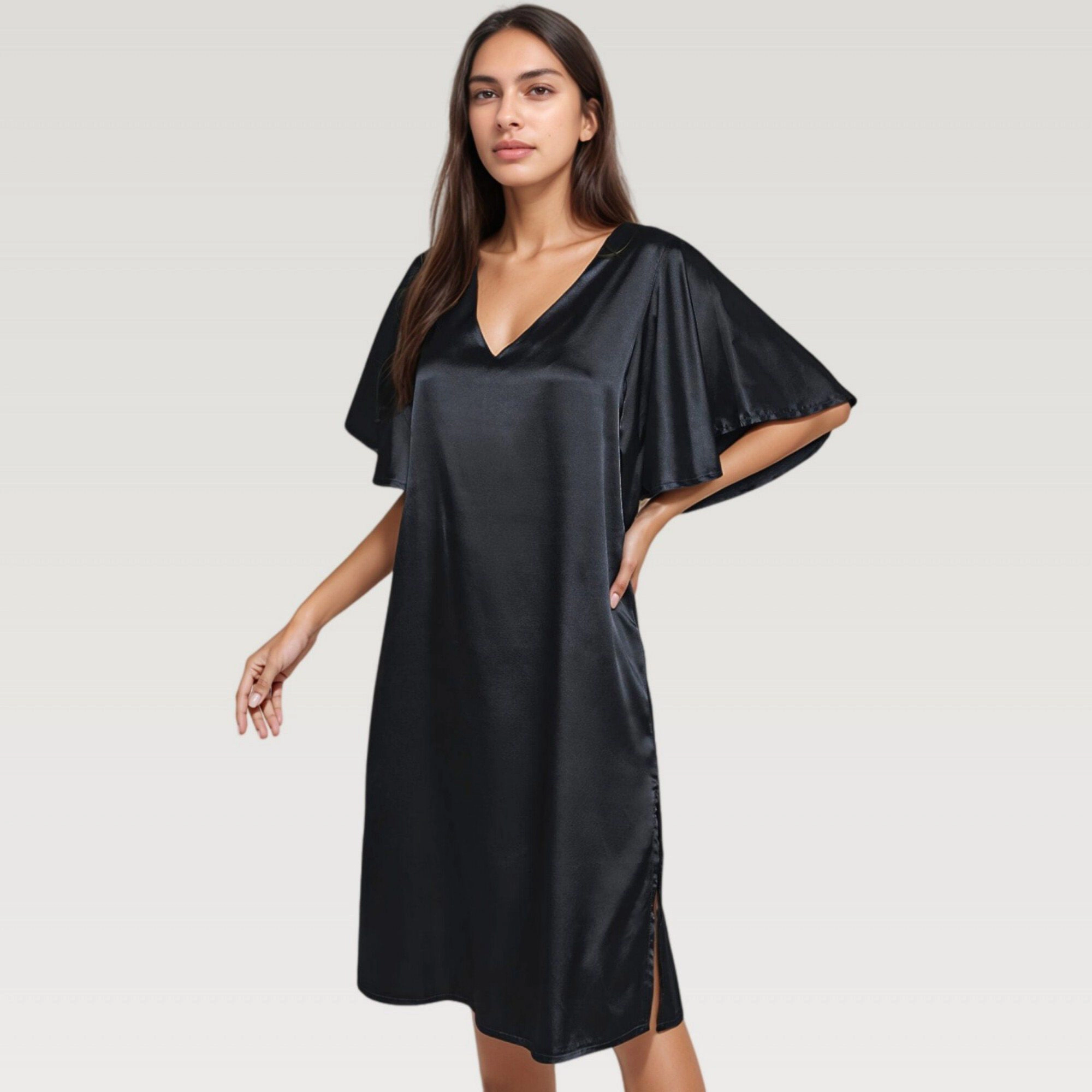 Anna-Kaci Women's Satin V-Neckline Flutter Sleeves Midi Dress