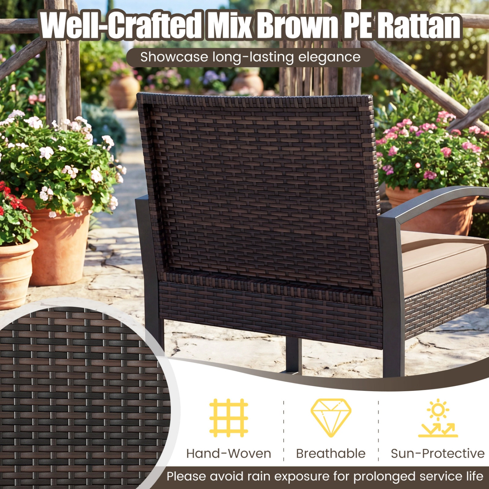SUGIFT 5-Piece Brown Wicker Patio Conversation Set with 2 Chairs, 2 Ottomans and Glass Side Table