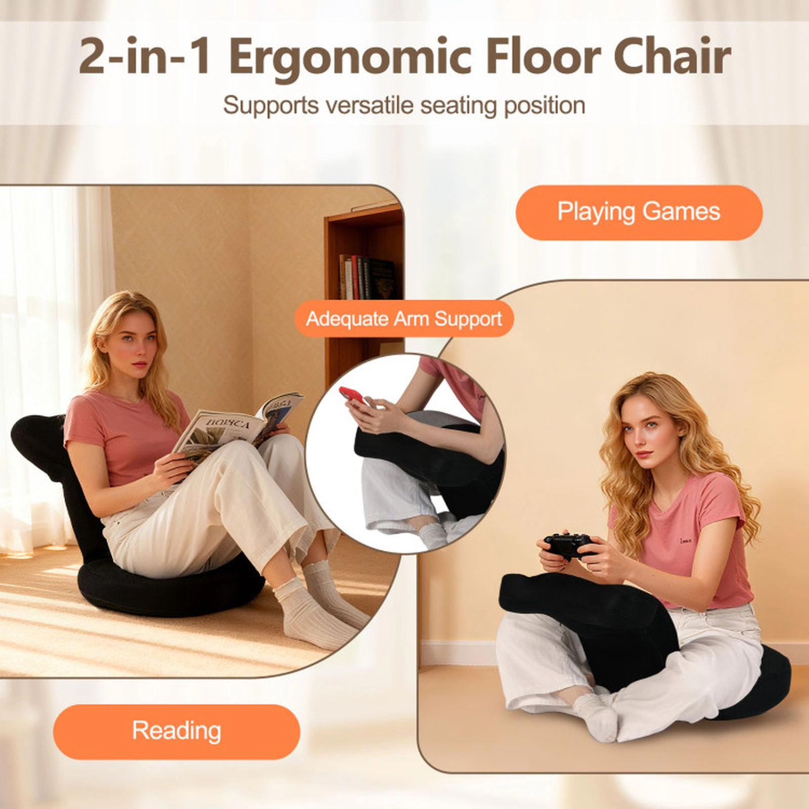SUGIFT 2-in-1 310-lb Capacity Gray Breathable Mesh Folding Floor Gaming Chair with Adjustable Headrest