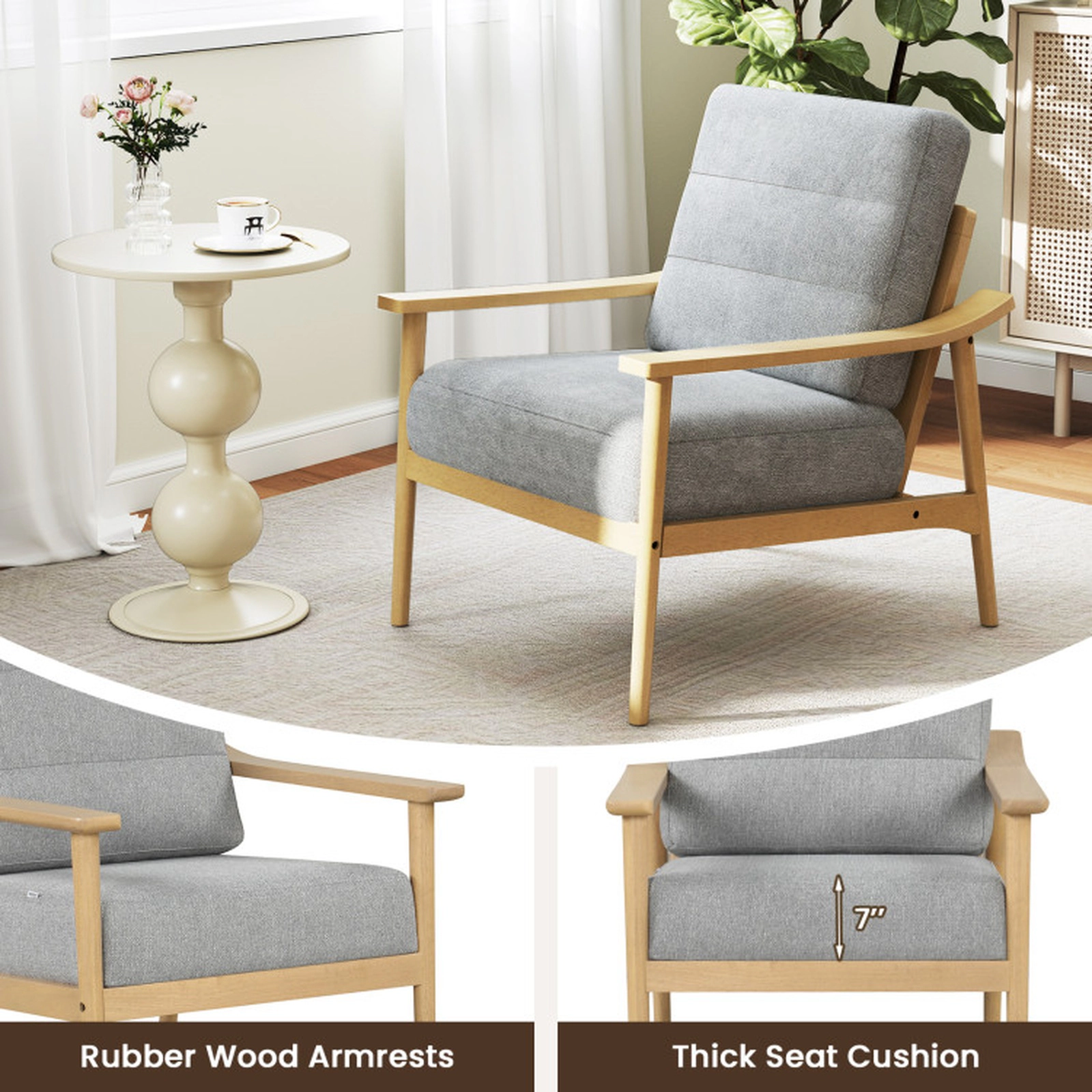 SUGIFT Gray Rubber Wood Armrests and Machine-Washable Back Cushion 440-lb Modern Accent Chair