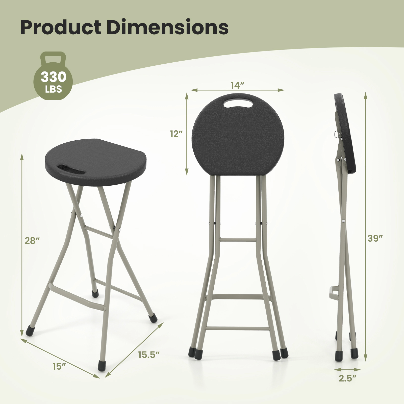SUGIFT Portable Folding Dining Stool with Footrest 330-lb Capacity 28-in Height Black Silver