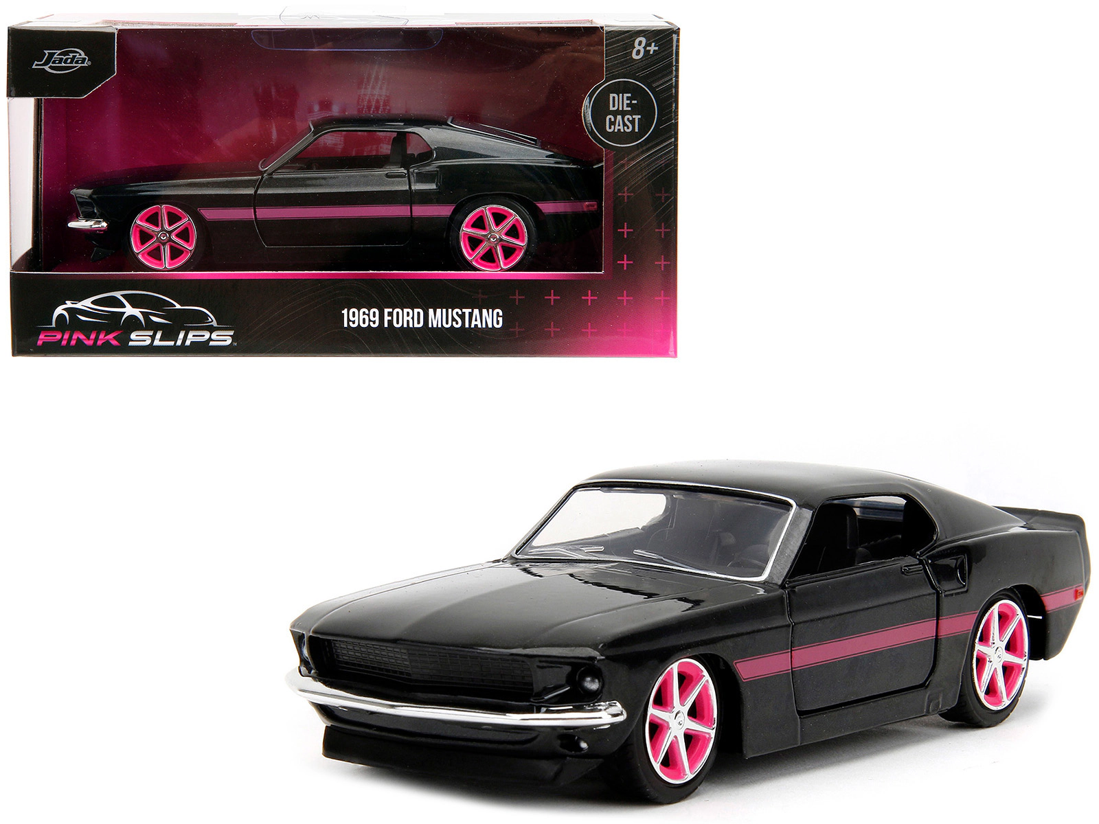Jada 1969 Ford Mustang Black Metallic with Pink Stripes and Wheels "Pink Slips" Series 1/32 Diecast Model Car by Jada