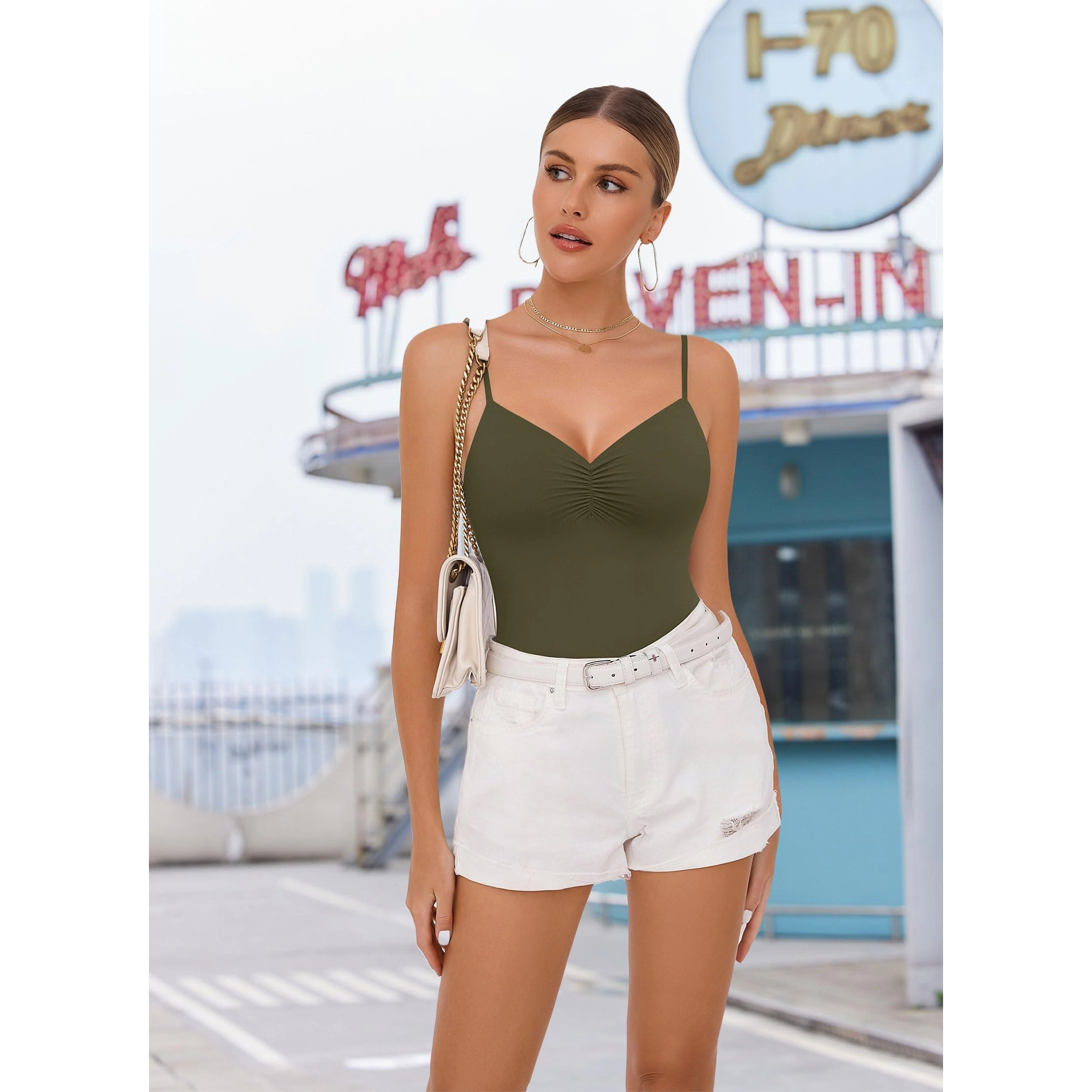 Avidlove Women's Ruched V Neck Backless Double Lined Cami Bodysuit