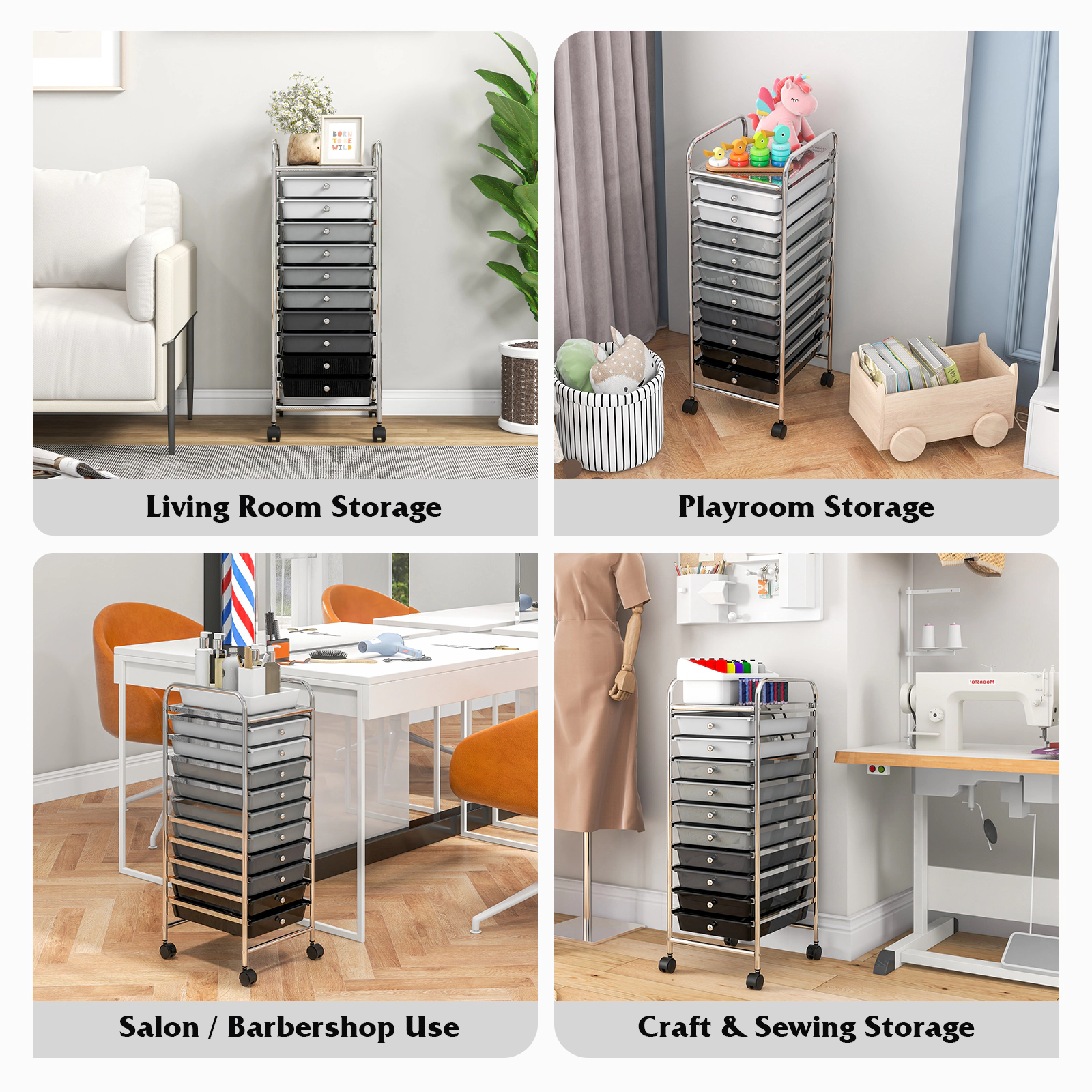 SUGIFT 10-Drawer Rolling Storage Cart Organizer with 3-lb Drawer Capacity and 4 Universal Casters Gradient Gray
