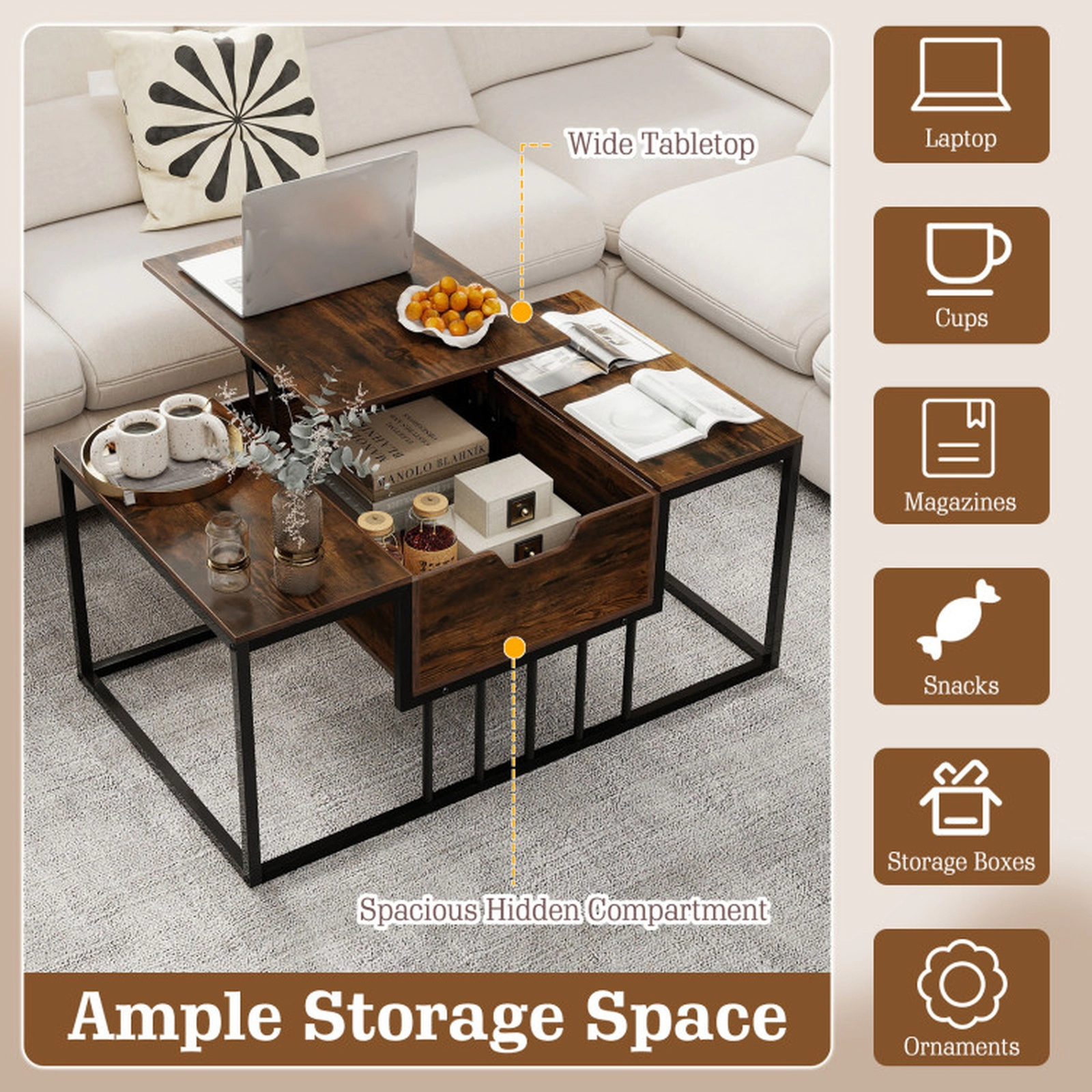 SUGIFT 39.5-in 110-lb Capacity Lift Top Rustic Brown Coffee Table with Gas Struts and Hidden Compartment