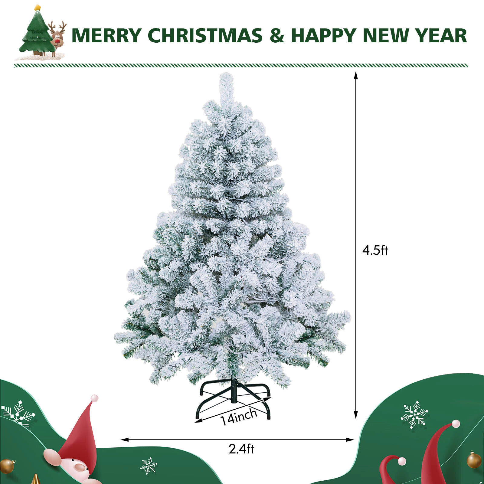 SUGIFT 4.5 ft Pre-Lit Snow Flocked Christmas Tree with 295 Branch Tips and 150 LED Lights