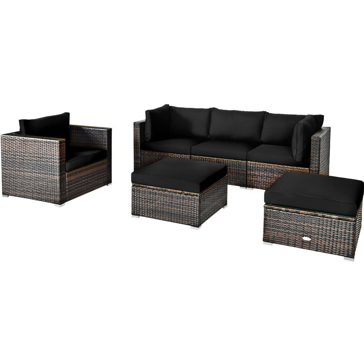 SUGIFT 6-Piece Black PE Rattan Patio Sectional Set with Glass-Top Ottomans and 4-Inch Cushions