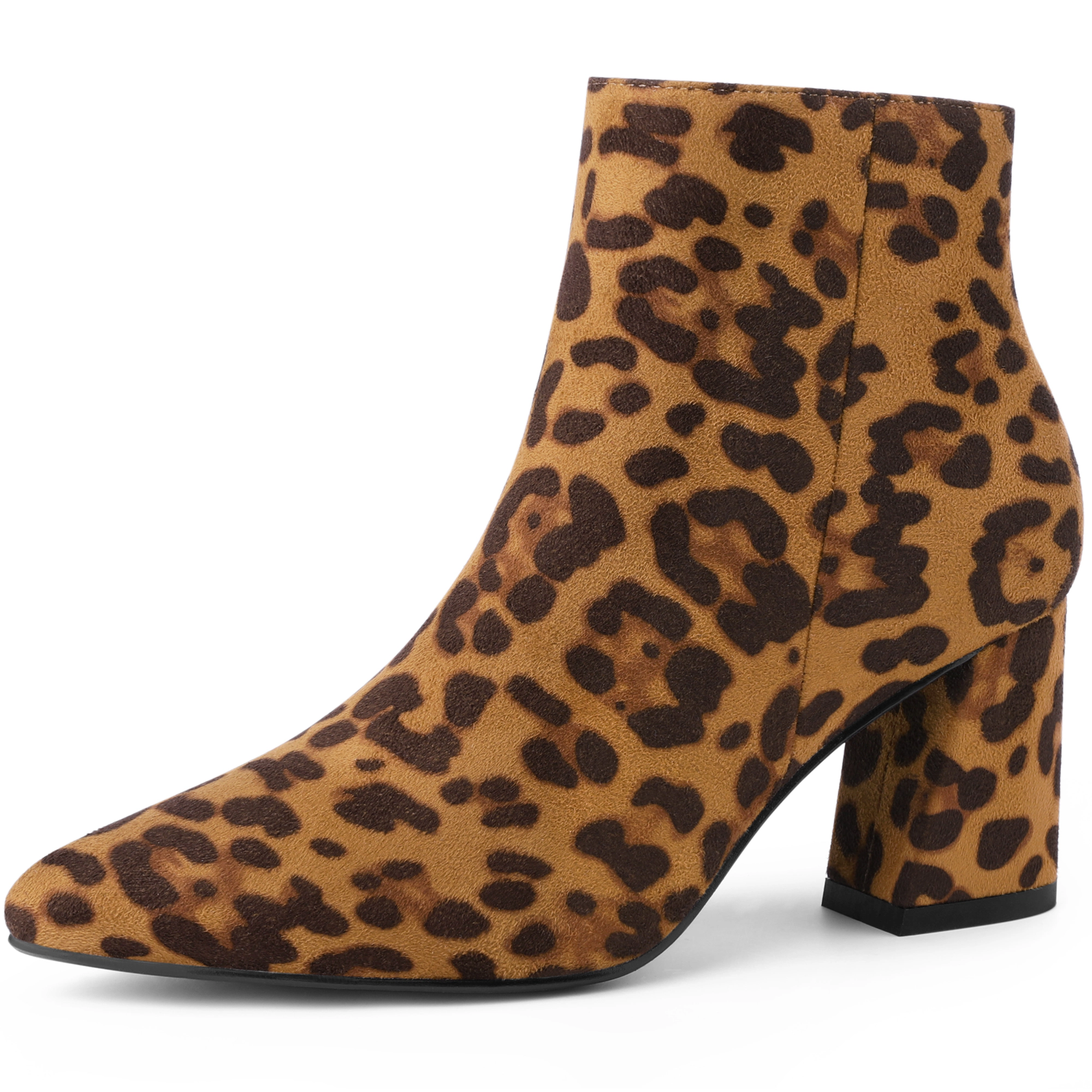 BLISSFUL STEP Women Faux Suede Pointy Toe Chunky Heels Ankle Boots