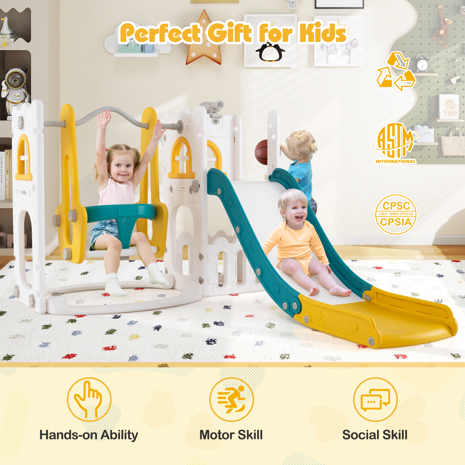 SUGIFT Yellow Ladder and Basketball Hoop 7-in-1 Toddler Swing and Slide Set L-Shaped