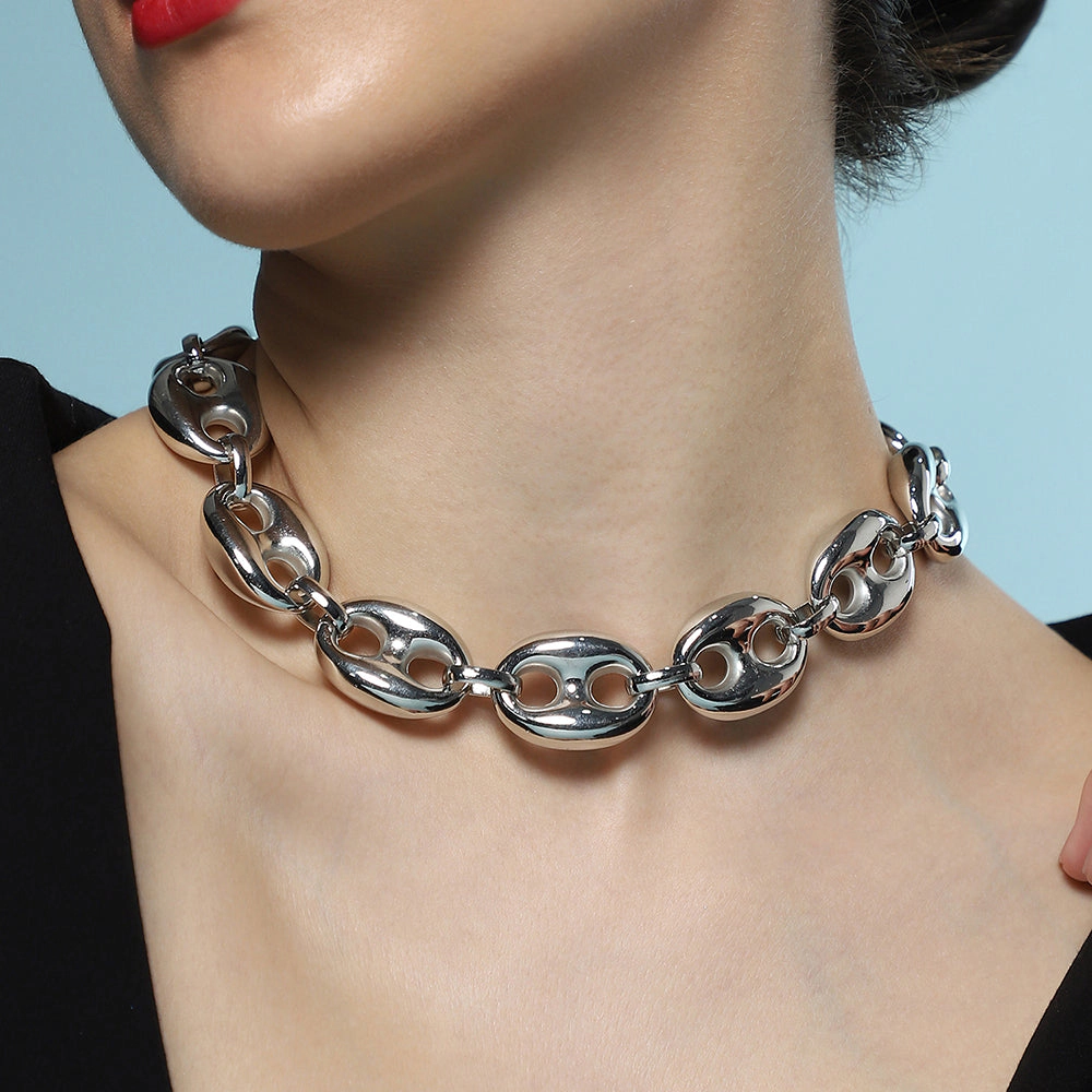 SOHI Women's The Chunky Coffee-Bean Chain Necklace - Chrome Silver