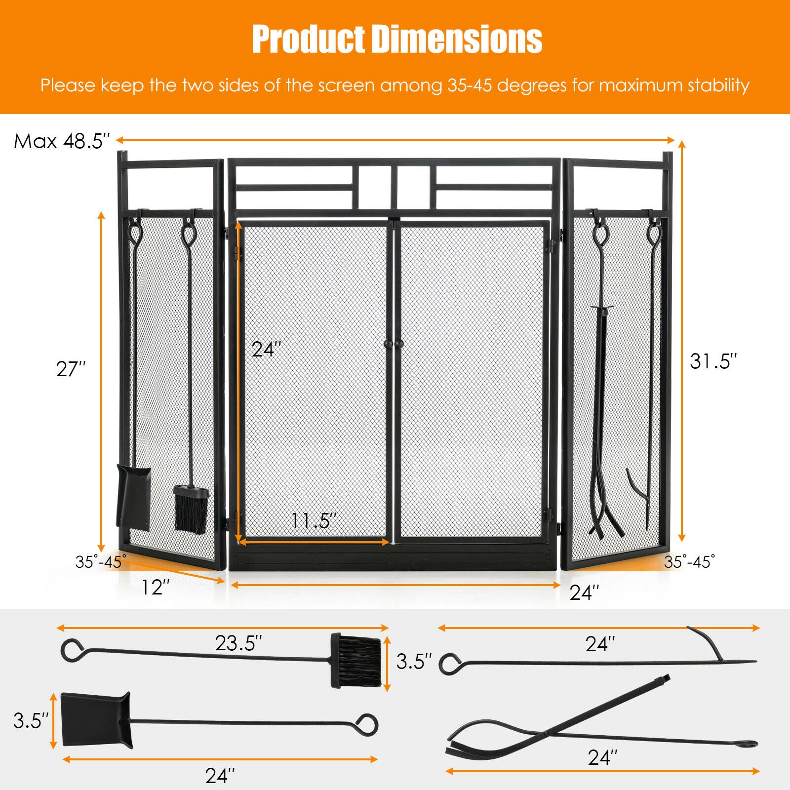 SUGIFT 48.5-in 3-Panel Folding Wrought Iron Fireplace Screen with 4-Piece Fire Tool Set in Black
