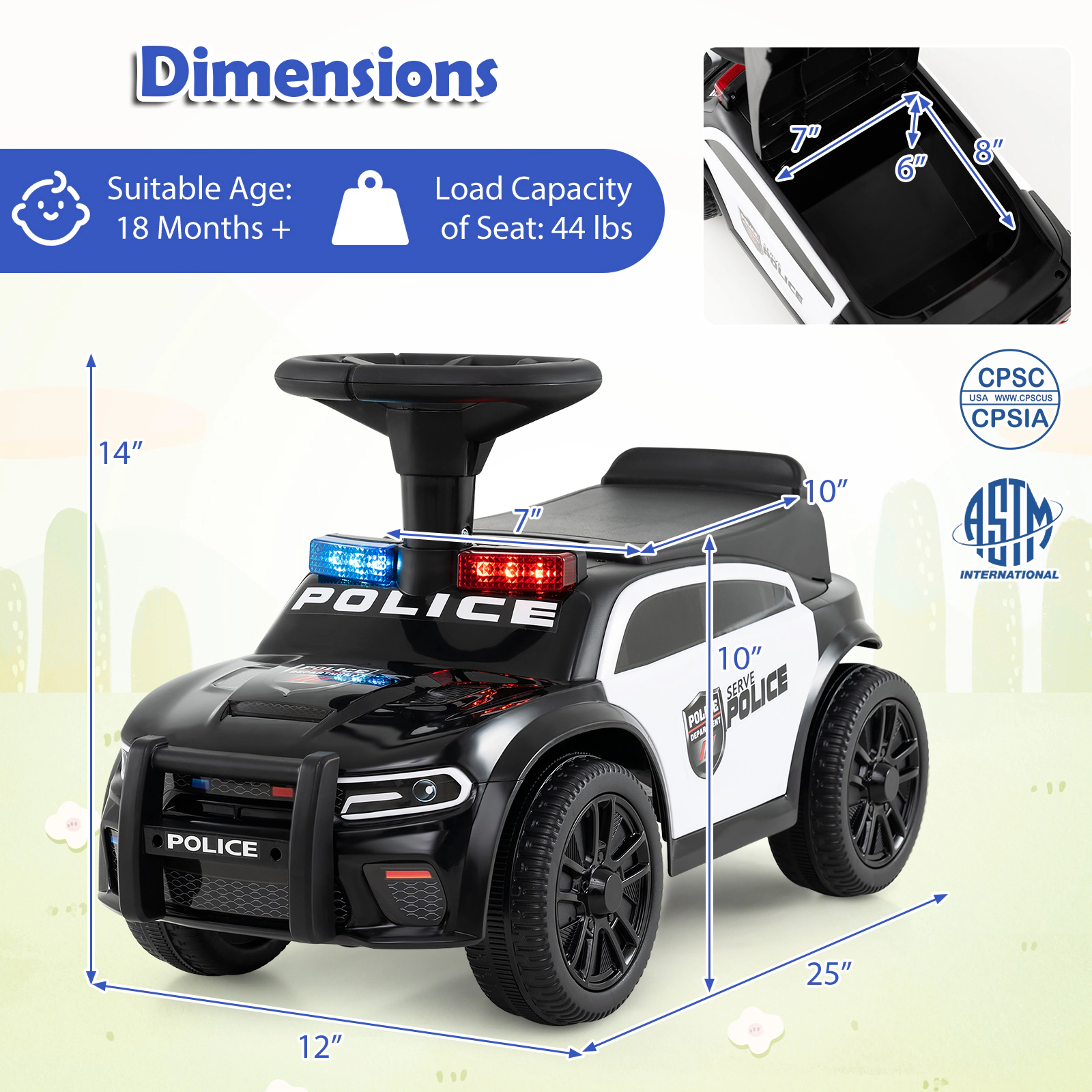 Toddler Sliding Ride On Car Police Siren 3 Music Modes Flashing Lights Anti-Tip Block 18 Months+ Black Scoot Car