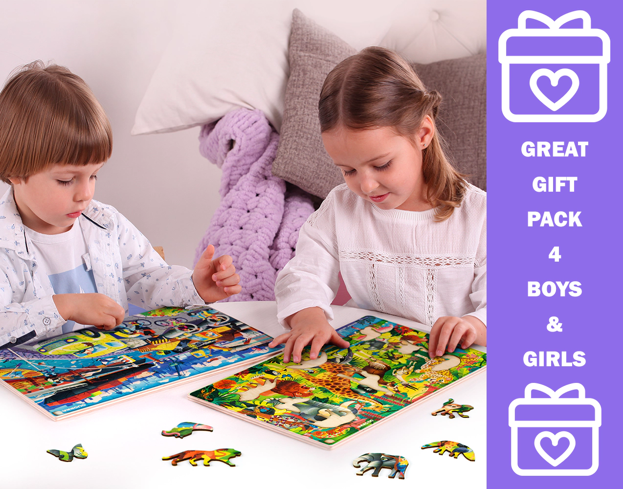 QUOKKA Wooden Jigsaw Puzzle Set for Kids Ages 4–10, 4-Pack, 60 Pieces Each, Animal, Dinosaur & City Themes