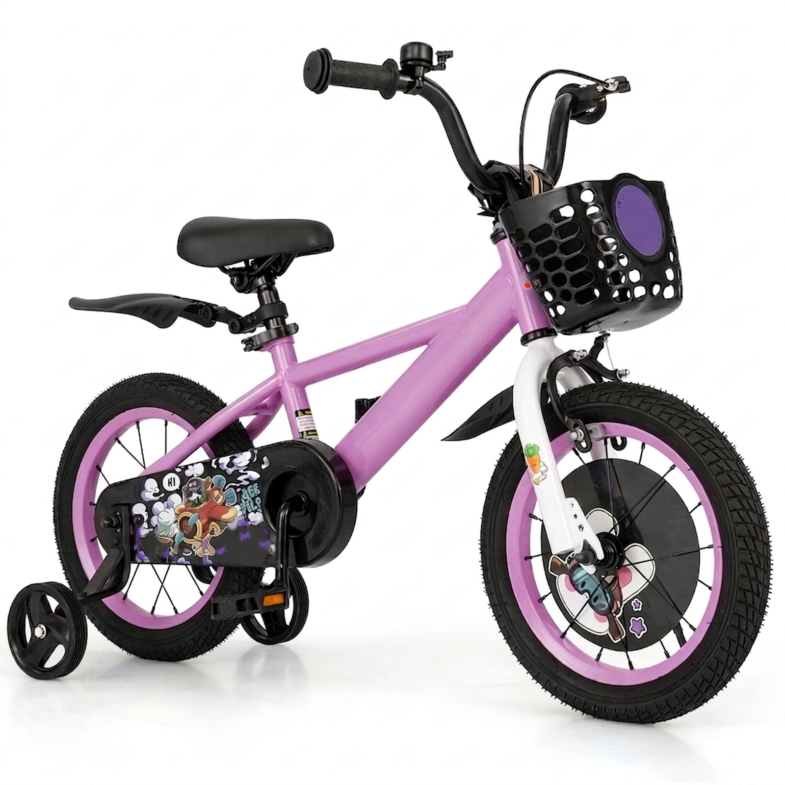 SUGIFT 14-Inch Purple Kids Bike with Basket, Fenders and Removable Training Wheels